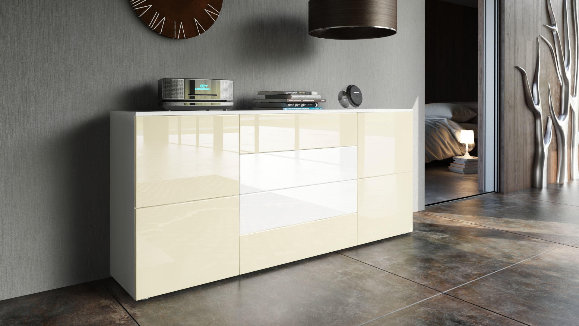 SIDEBOARD Rova Creme Hochglanz / Weiß Hochglanz - Creme, Holzwerkstoff (166/72/35cm) - Vladon