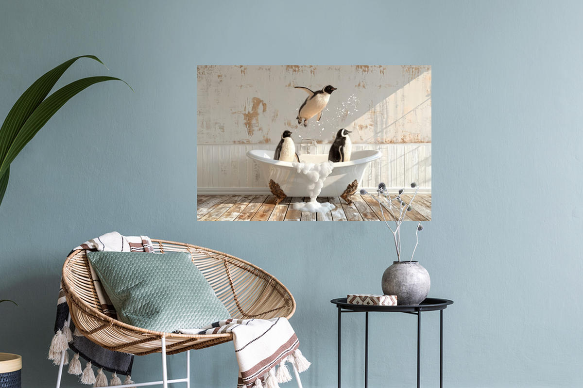 WANDTATTOO Vintage - Pinguin - Badewanne - Schaumstoff 60x40 cm - Schwarz, Kunststoff (60/40/0.1cm) - MuchoWow