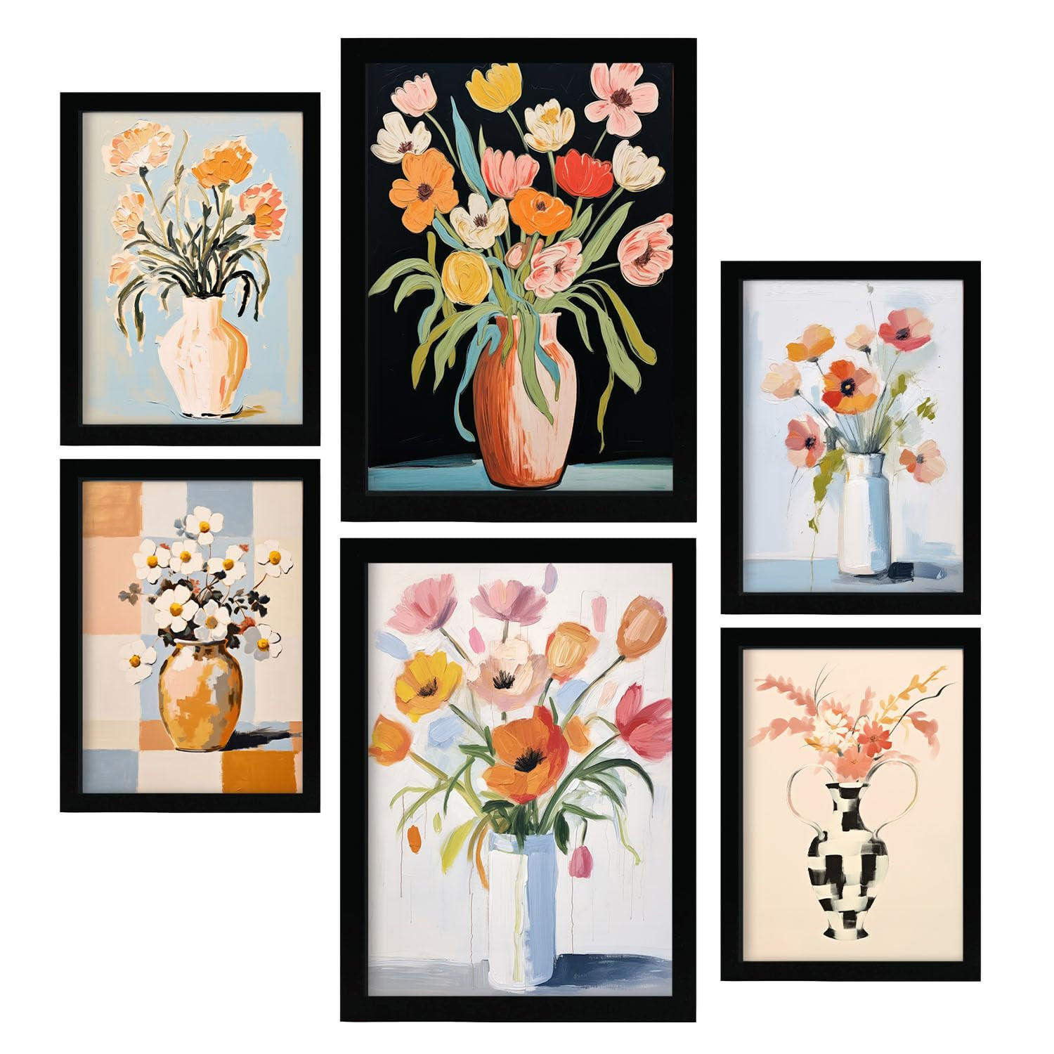 POSTER Set Mit 6 Blumenvasen A3 & A4 Schwarzer Rahmen - Schwarz, Papier (29/3cm) - Nacnic