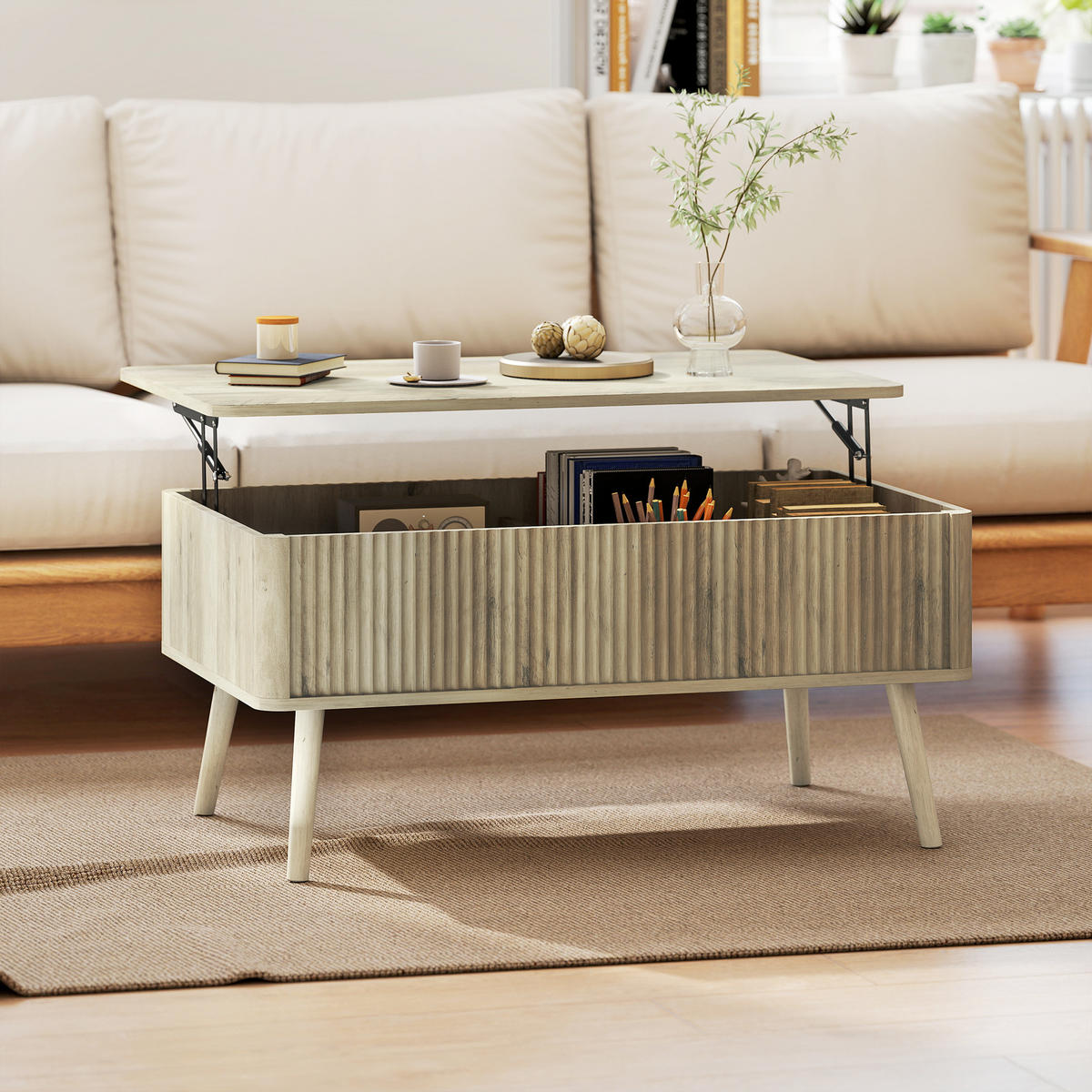 COUCHTISCH DE-15803 klappbare Platte Eiche - Eichefarben, Holzwerkstoff (91/56/43cm) - ComfortXL