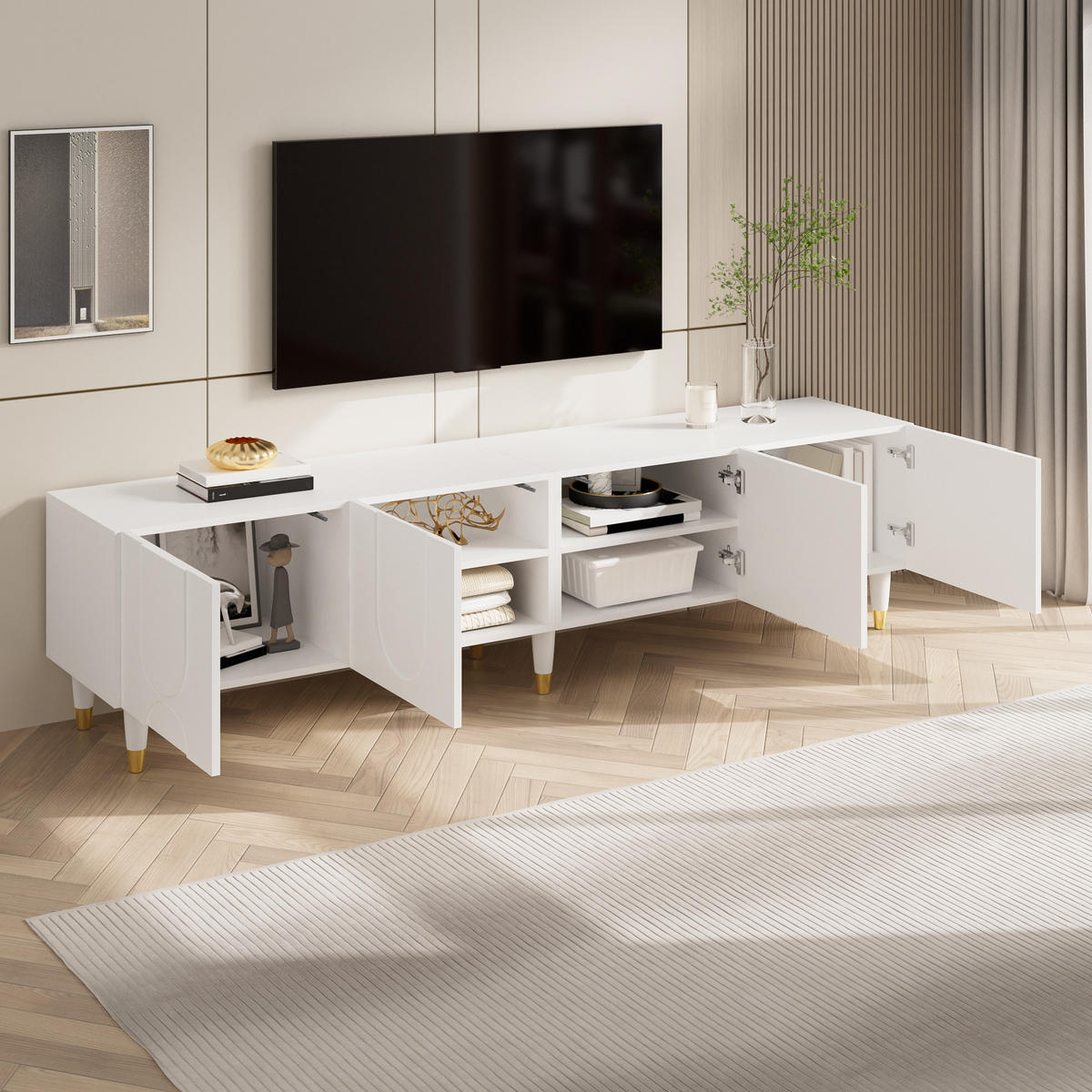 TV-SCHRANK Lowboard 4 Türen Bogenrelief Holzbeine modern - Weiß, Holzwerkstoff (40/50/180cm) - FLIEKS