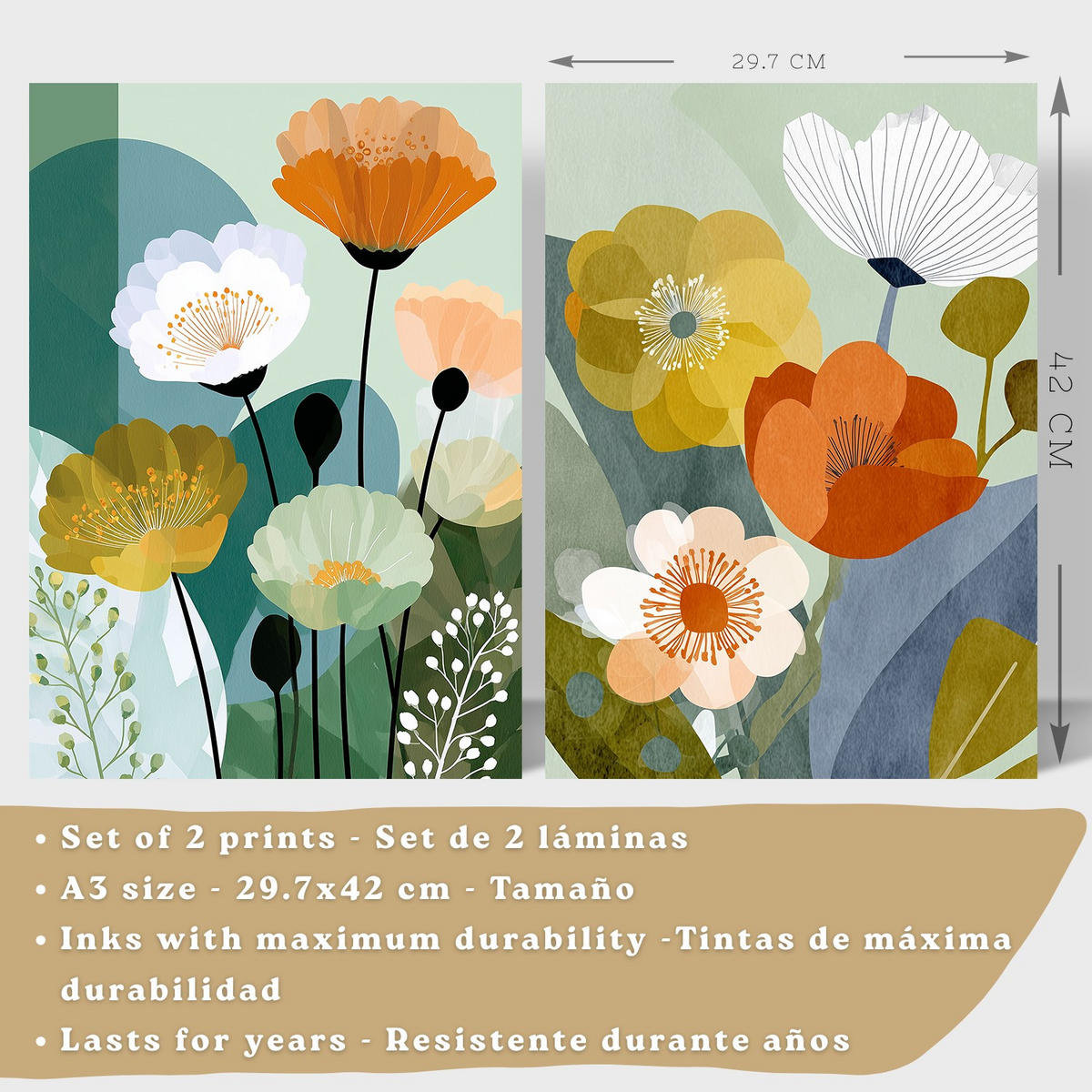 PLAKÁT Sada 2 Floral Bílý rám A3 - bílá, papír (42/29.7/3cm) - Nacnic