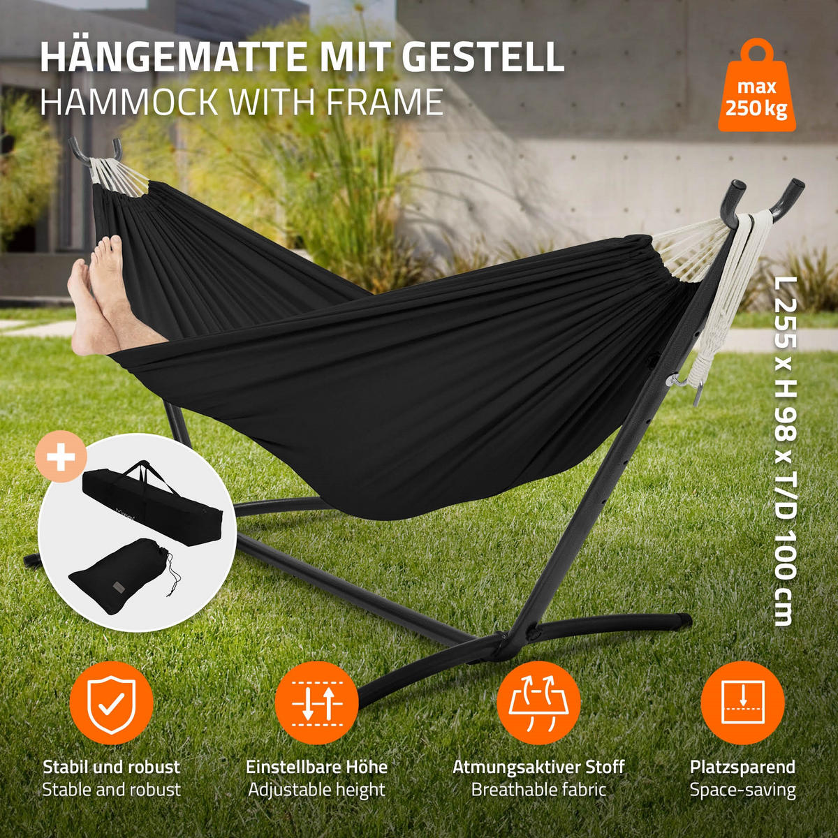 HÄNGEMATTE schwarz - Schwarz, Metall (99/98/255cm) - ML-DESIGN