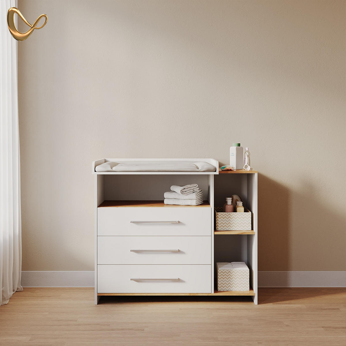 WICKELKOMMODE Torino Weiß/Goldkraft Eiche mit 3 Schubladen - Honigeiche/Weiß, Holzwerkstoff (113/93/53.1cm) - Livinity®