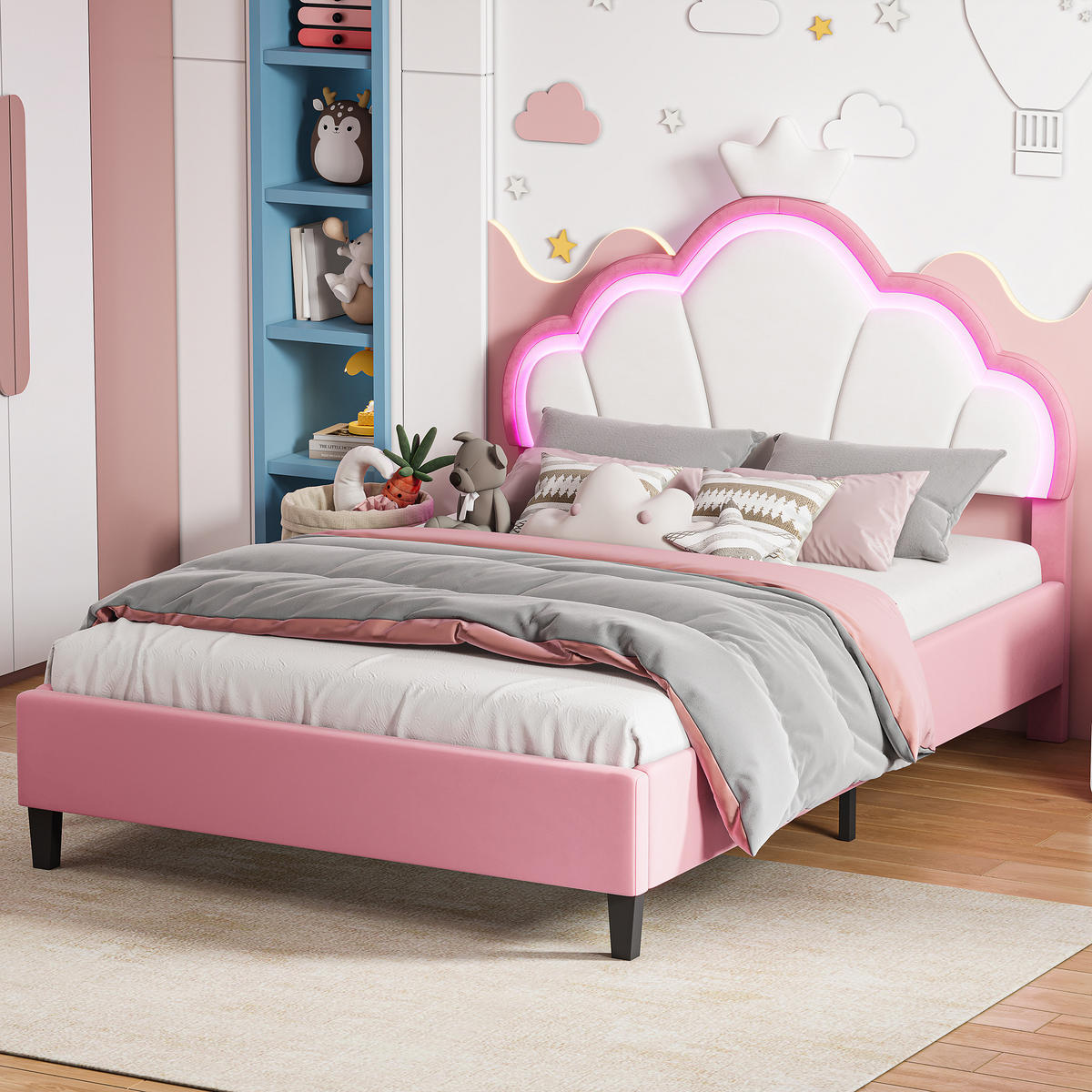 KINDERBETT 140/190 cm Rosa,LED-Polsterbett mit Verstellbarem Kronen-Kopfteil,Samt - Rosa, Holz/Textil (140/190cm) - PARAFTA HOME