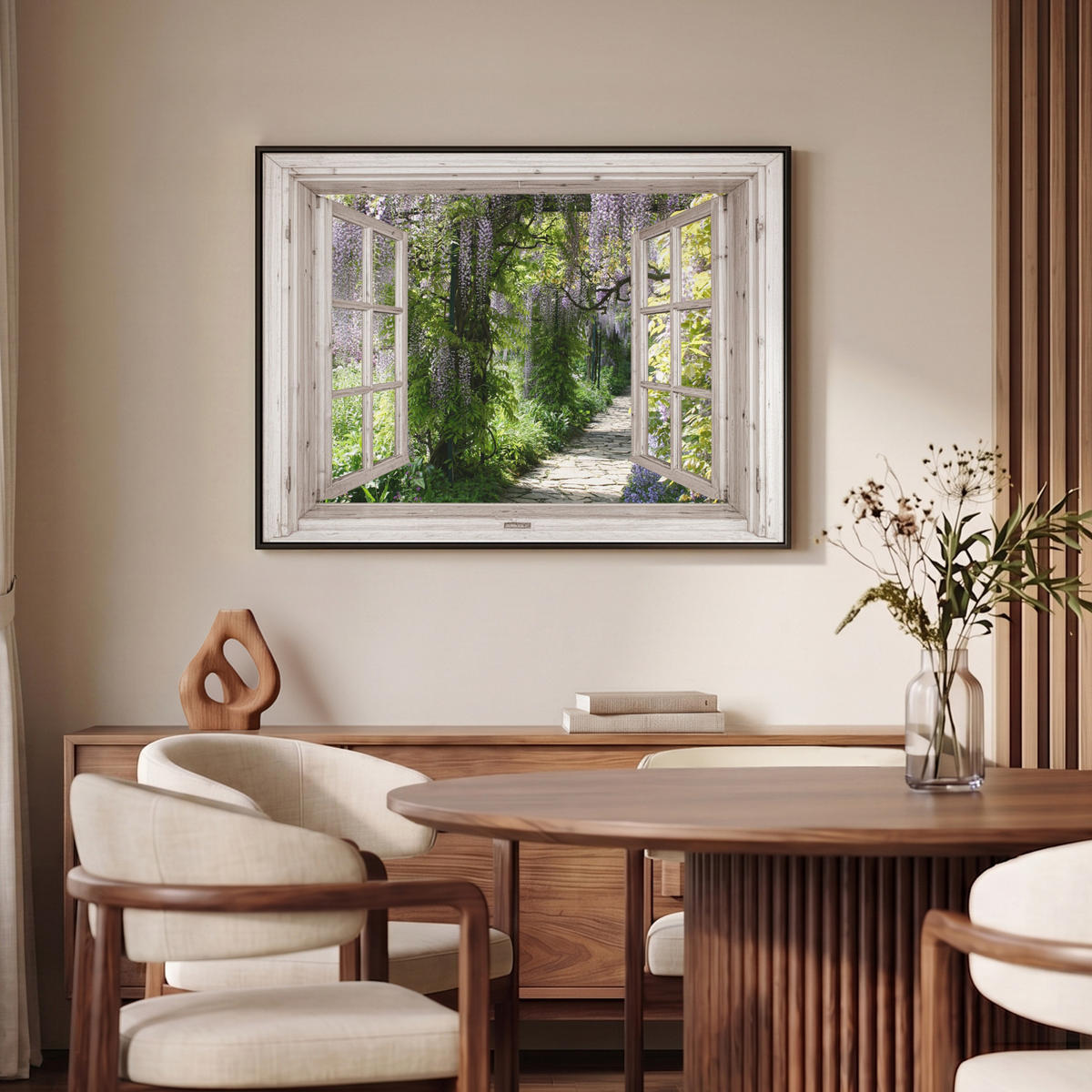LEINWAND Bilder mit Rahmen - Blauer Regen - Blumen - Aussicht - Baum - Frühling - 100x70 - Grün, Textil (100/70cm) - MuchoWow