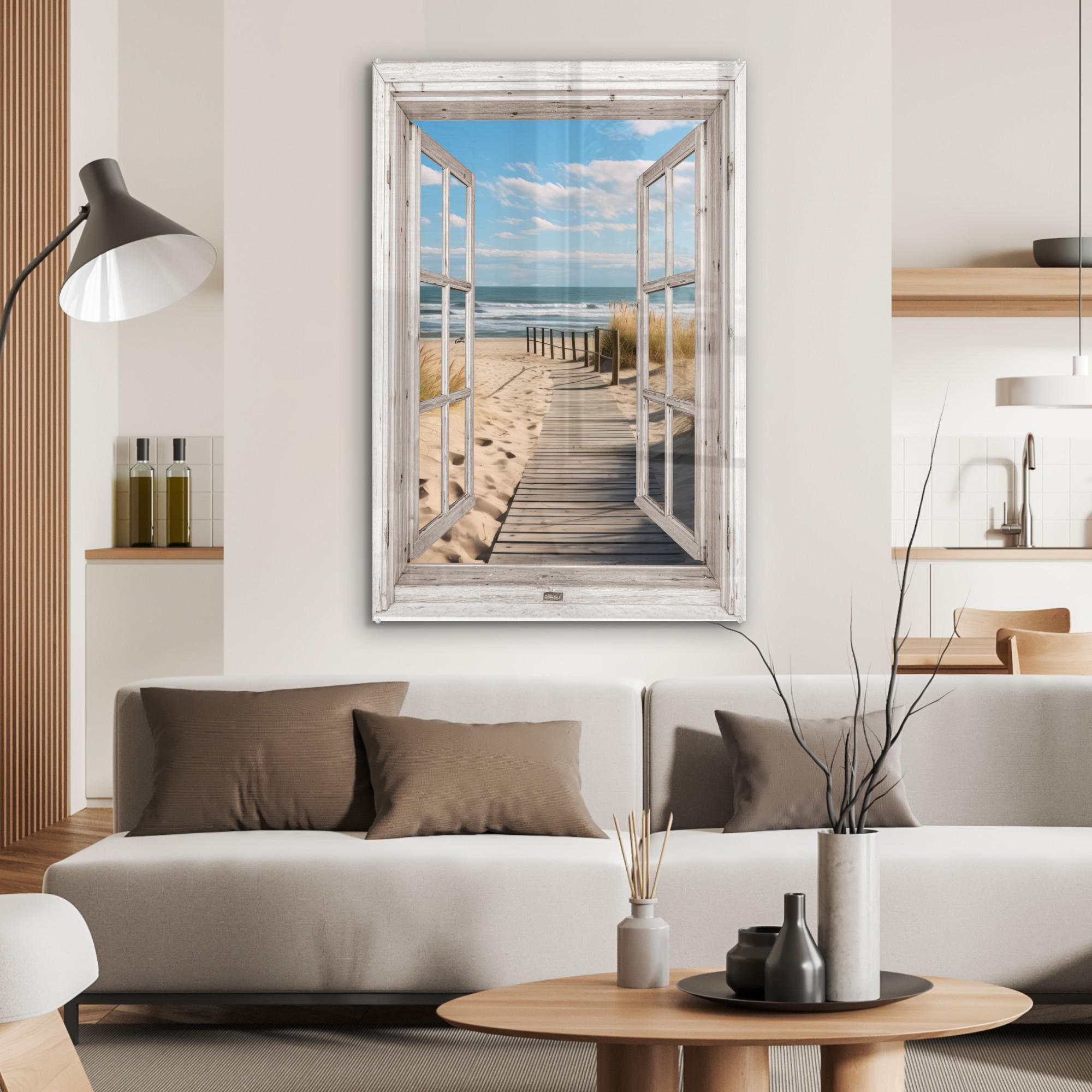 ACRYLGLASBILD Fenster - Meer - Küste - Natur - Ausblick - Strand - Wattenmeer 60x90 cm - Beige, Glas (60/90cm) - MuchoWow