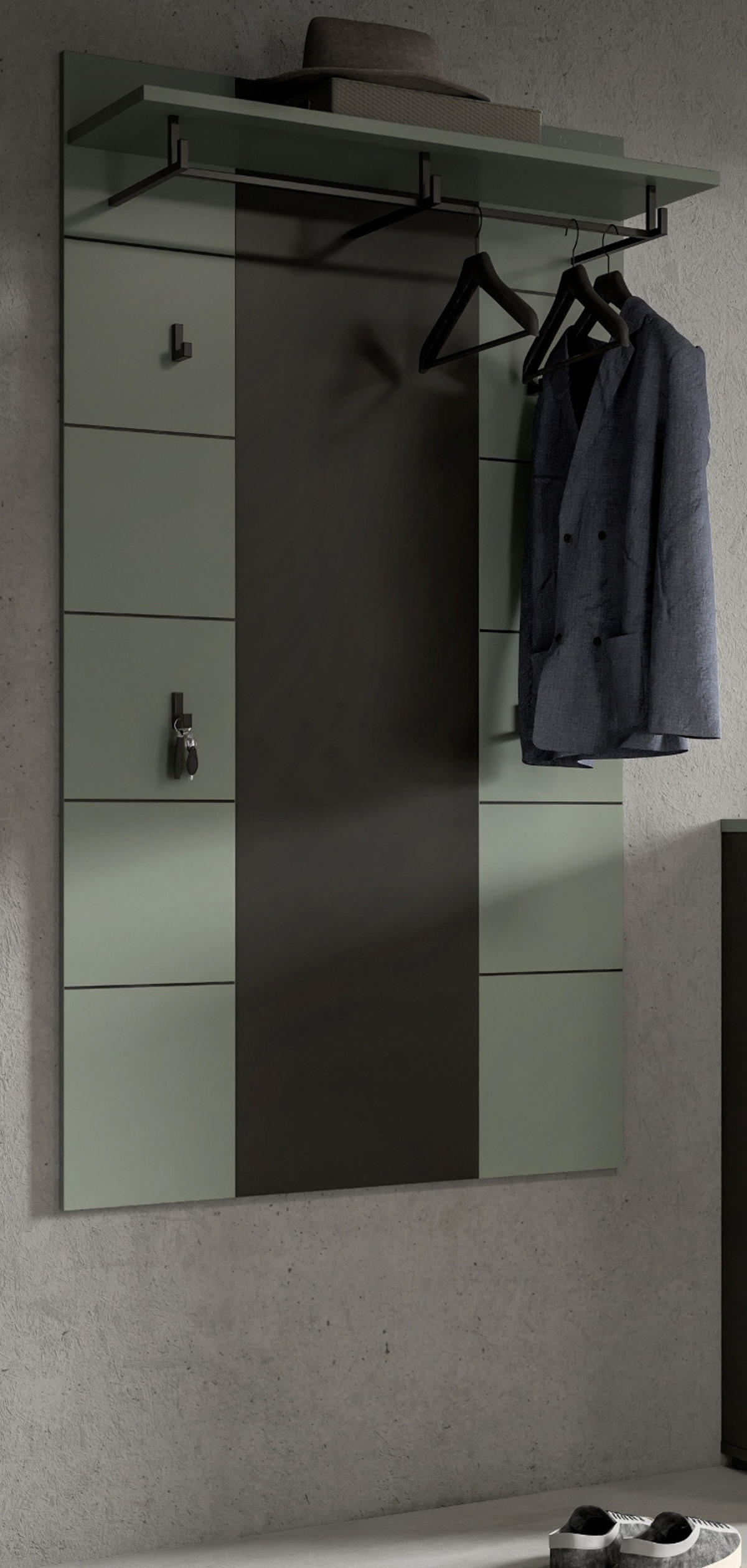 GARDEROBENPANEEL Salbei und Grau, Wandgarderobe 80 x 141 cm, Cooper - Salbeigrün/Dunkelgrau, Holzwerkstoff (80/141/29cm) - Inn.Furn