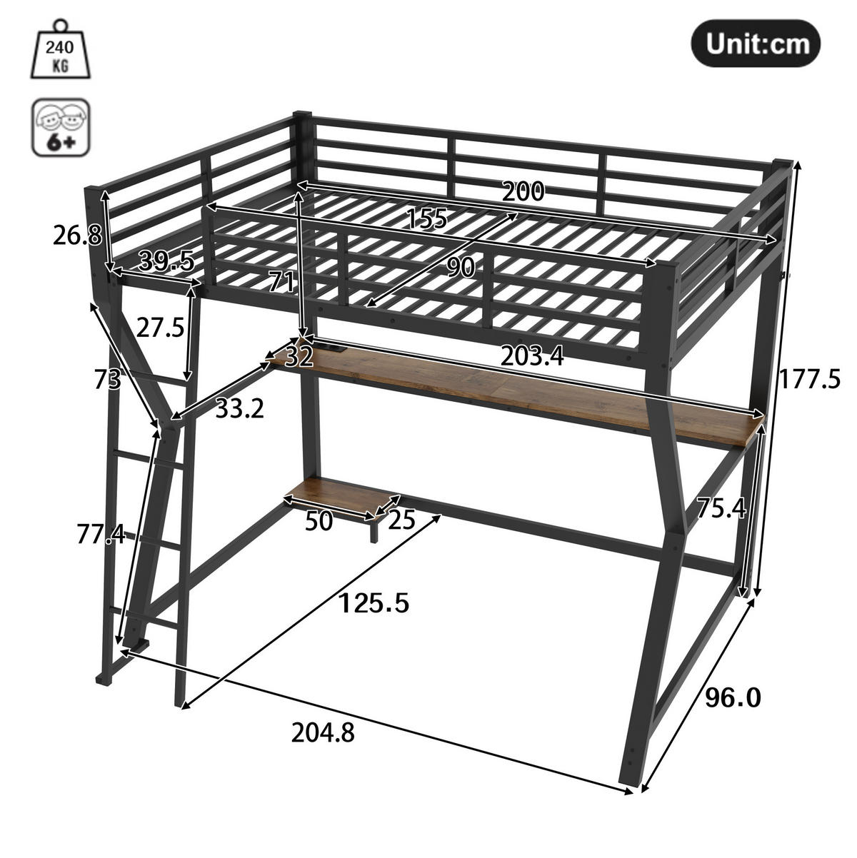 HOCHBETT 90/200 cm mit LED-Beleuchtung, Schreibtisch und USB-Anschluss - Schwarz, Metall (90/200cm) - Flora Grace