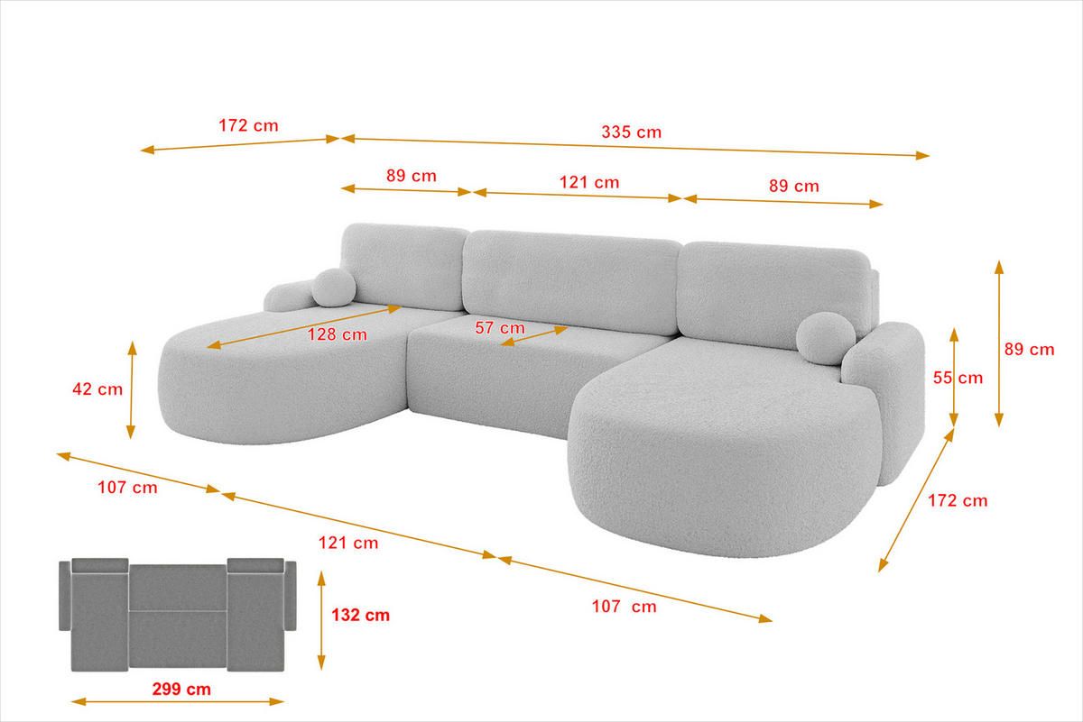 WOHNLANDSCHAFT mit Schlaffunktion und Bettkasten LIRA-U - 335x172x89 Hellgrau - Hellgrau, Holzwerkstoff/Textil (335/89/172cm) - ALTDECOR