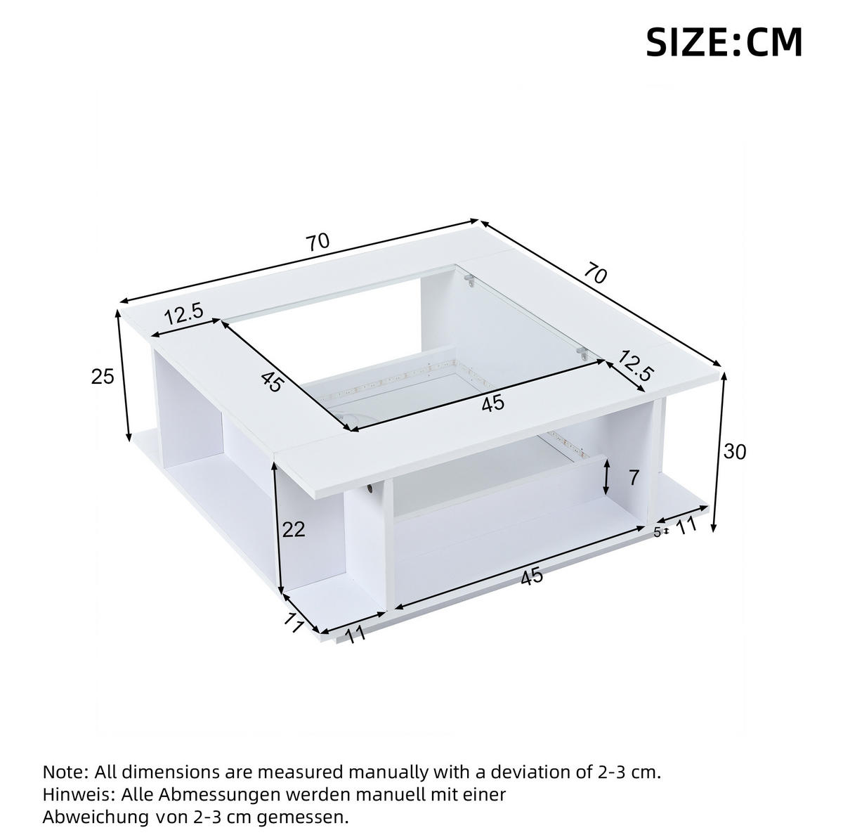 COUCHTISCH 70/70/30 cm weiß aus Spanplatte mit Glasplatte und LED - Weiß, Holzwerkstoff (70/70/30cm) - OKWISH