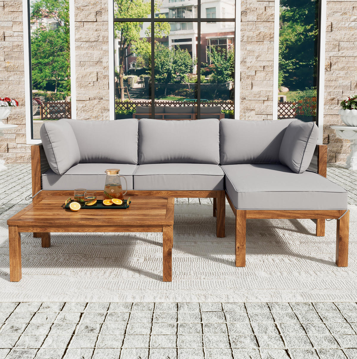 GARTEN-LOUNGESET 117/58/80 cm mit Tisch, Akazienholz und handgeflochtenen Seilarmlehnen, Grau - Grau, Holz - Redom