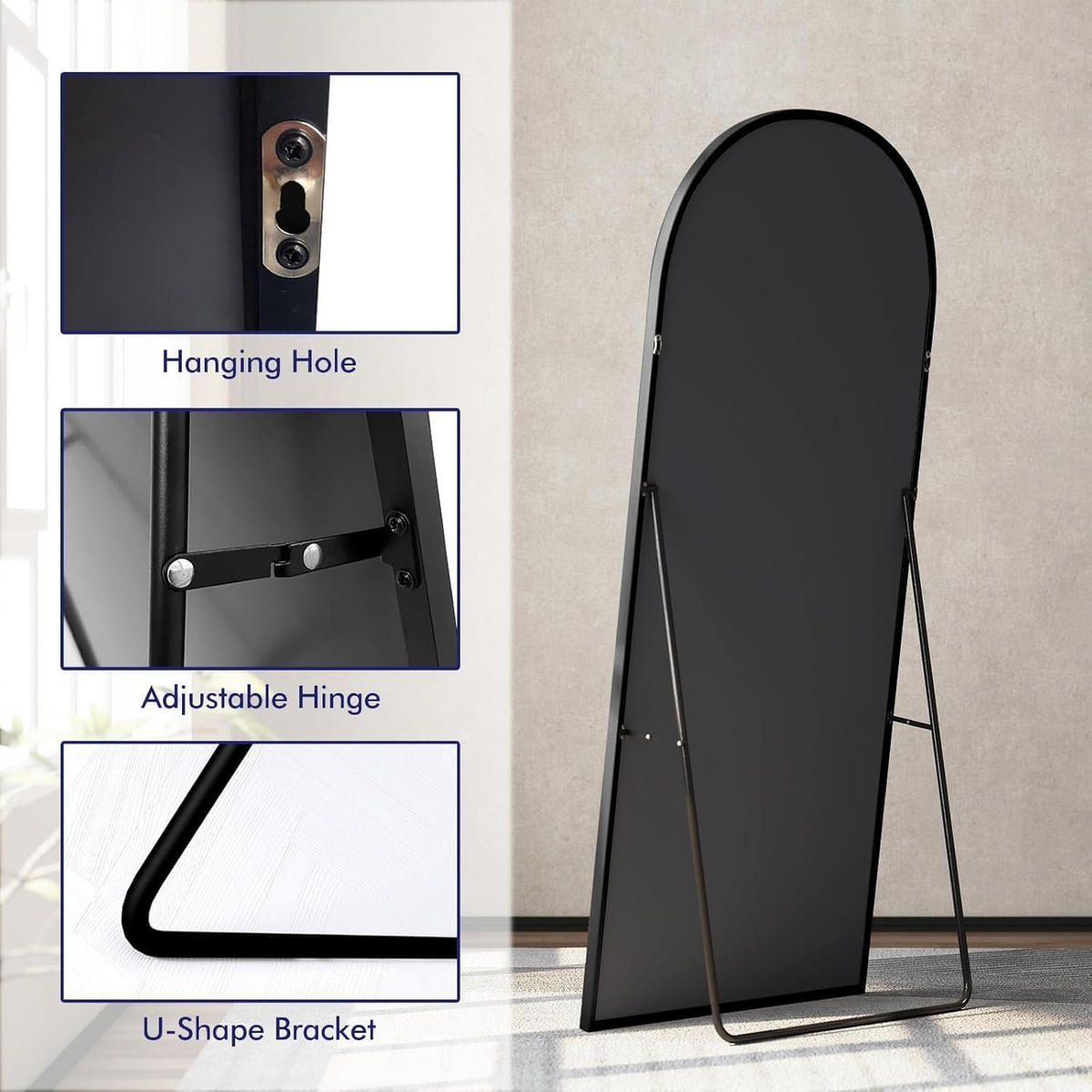 STANDSPIEGEL 165x60 cm- Rund, Standspiegel, Wandmontage - Schwarz, Glas/Metall (60/165/165cm)