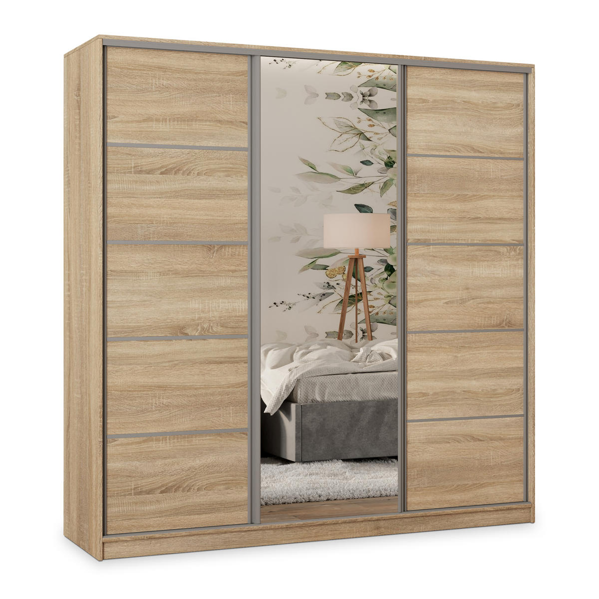 SCHWEBETÜRENSCHRANK PINA 200/205/58 cm 3-türig mit Spiegel und 4 Schubladen Sonoma Eiche - Sonoma Eiche, Holzwerkstoff (200/205/58cm) - MASSENO