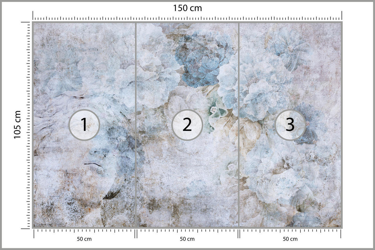 FOTOTAPETE Blaue Blumen Beton Vintage 150x105 - Grau, Papier (150/105cm) - Muralo