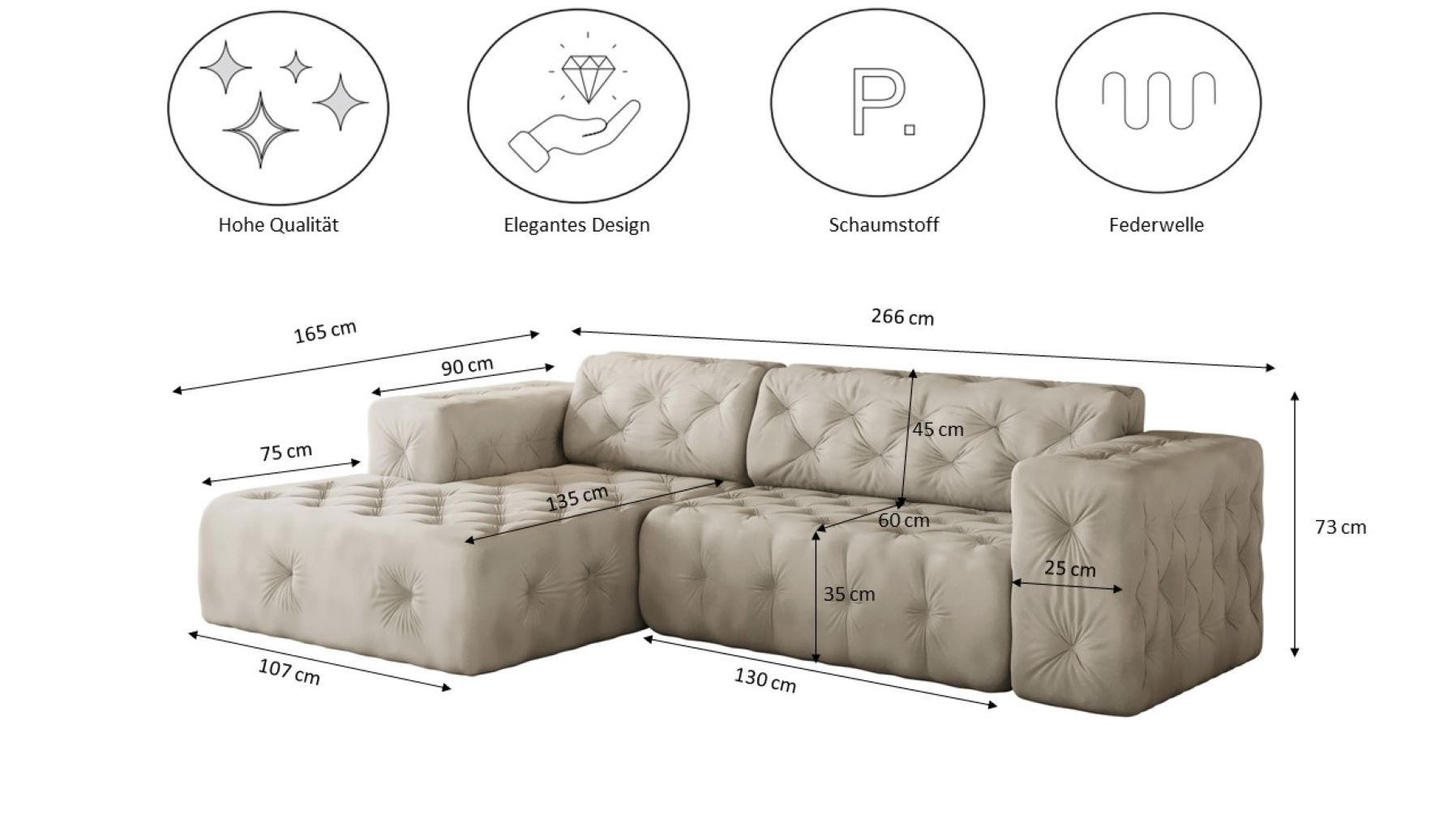 Thumbnail - Kaiser Möbel Ecksofa, Creme, Textil, Füllung: Komfortschaum, L-Form,L-Form, 266x165 cm, Reach, Wohnzimmer, Sofas & Couch...