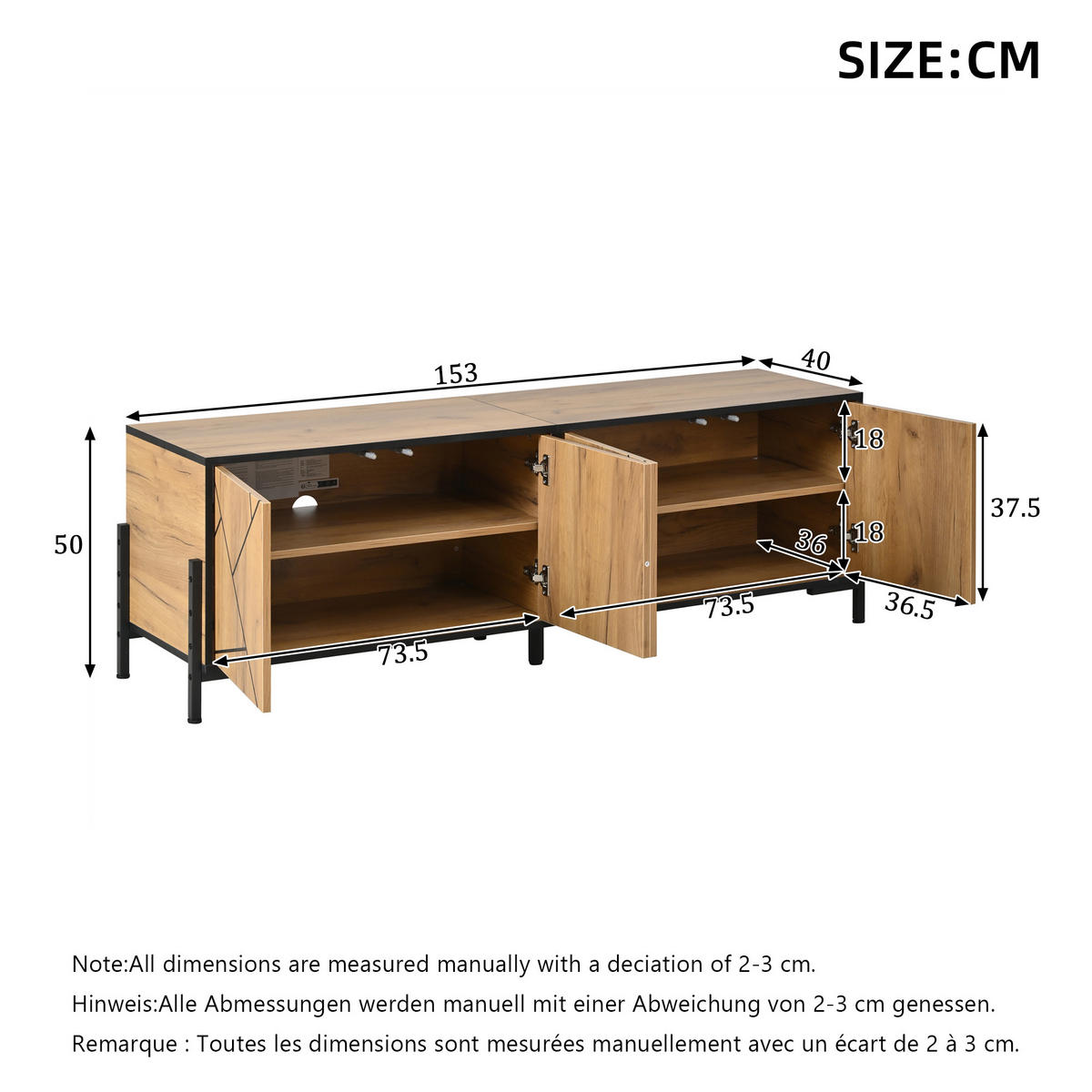 TV-LOWBOARD 153x40x50 cm Holz Schwarz 4 Türen Geometrisches Design - Naturfarben, Holzwerkstoff (40/50/153cm) - FLIEKS