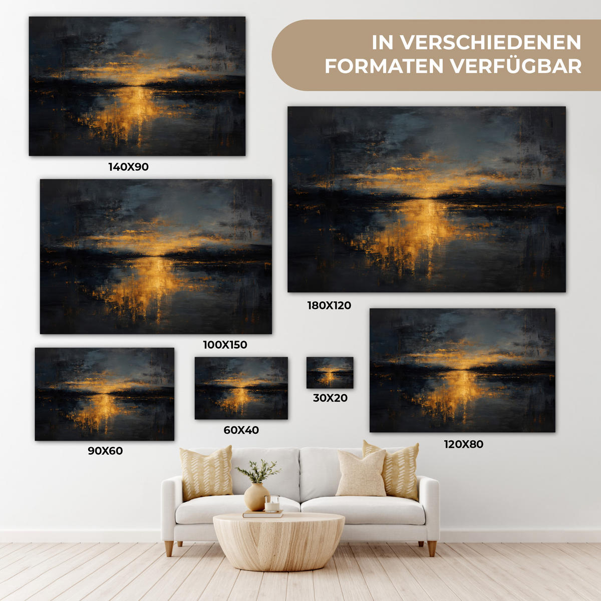 LEINWANDBILD Goldene Reflexion auf dem Wasser Groß 140x90 cm - Anthrazit, Textil (140/90cm) - MuchoWow