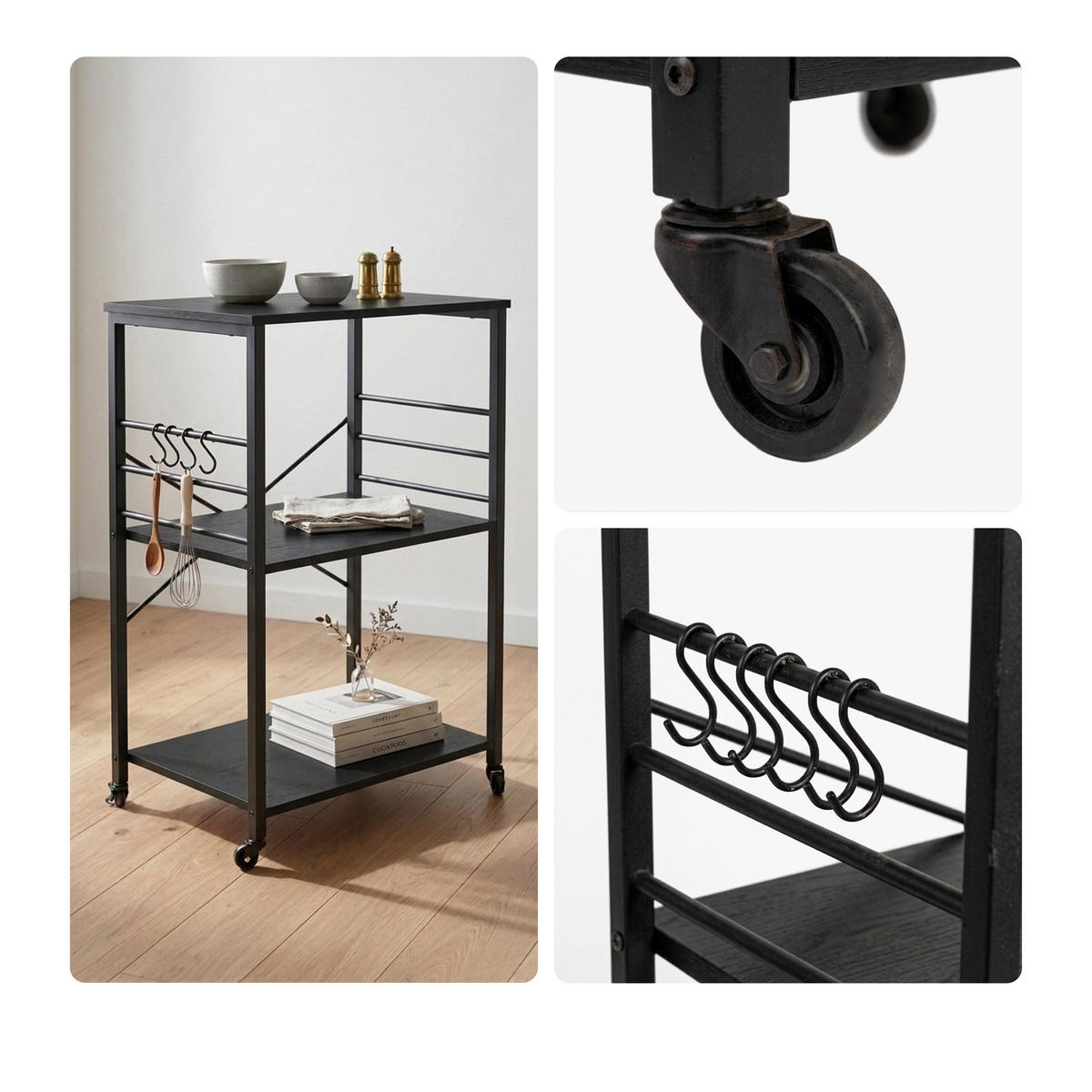 VOZIČEK za postrežbo - črna, kovina/leseni material (60/89/40cm) - Relaxdays