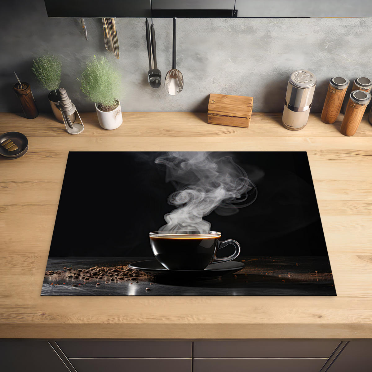 HERDABDECKPLATTE Kaffee - Schwarz - Bohnen - Heiß - Tasse Herdabdeckung Induktionsfeld 75x52 cm - Schwarz, Kunststoff (75/52/0.2cm) - MuchoWow