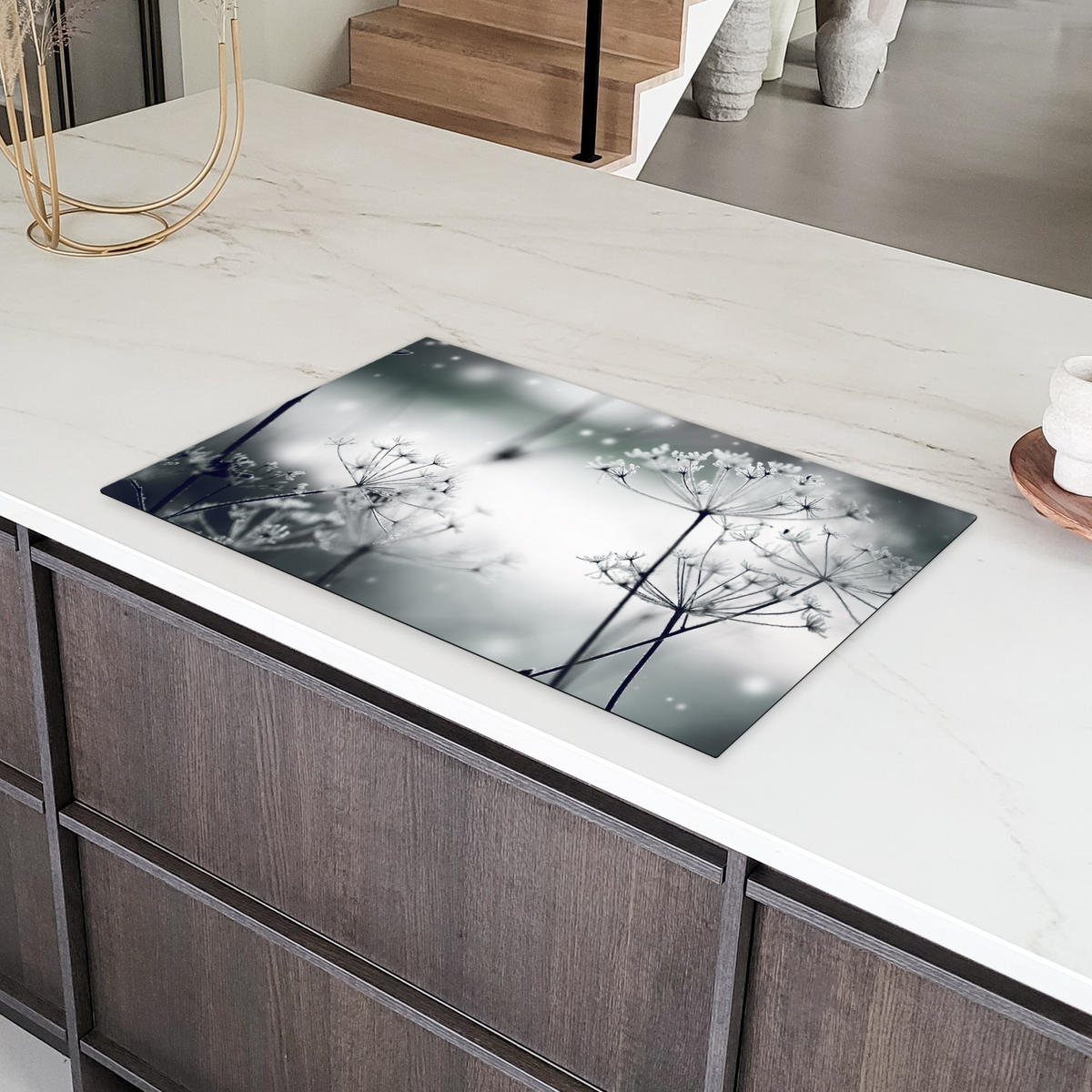 HERDABDECKPLATTE Blumen - Winter - Schnee - Natur Induktionsmatte 83x51 cm - Grau, Kunststoff (83/51.5/0.2cm) - MuchoWow