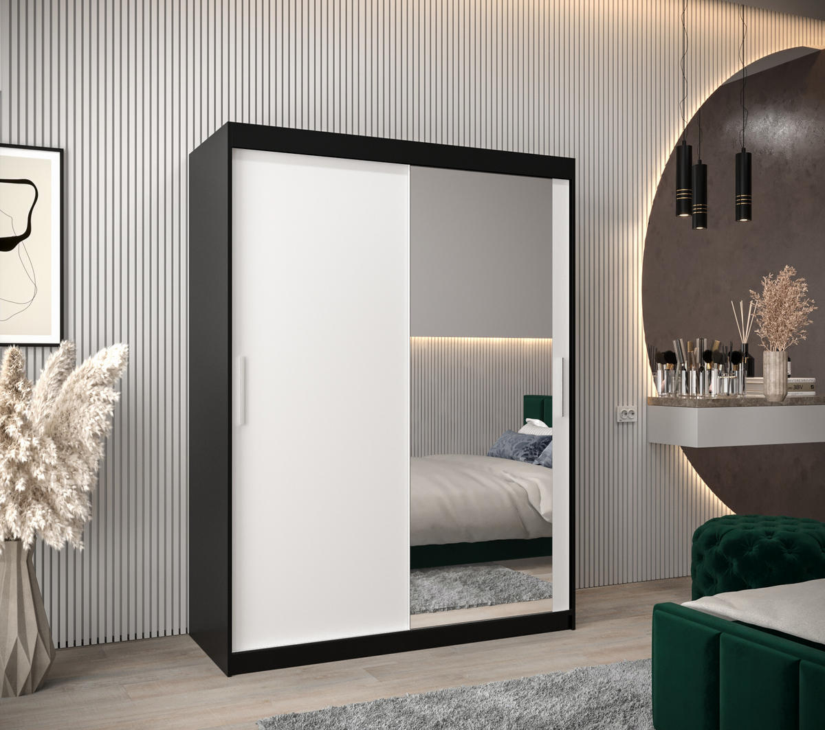 SCHWEBETÜRENSCHRANK 200/150/62 2-türig - Silberfarben/Schwarz, Holz/Kunststoff (150/200/62cm) - Abiks Möbel