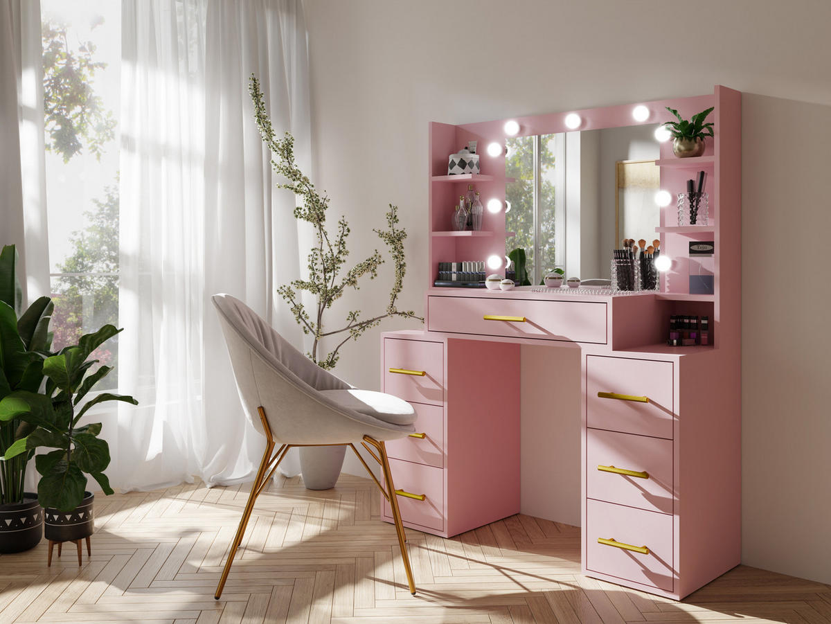 SCHMINKTISCH - Frisiertisch mit Schubladen - Syrius - Rosa - Rosa, Holzwerkstoff (110/140/40cm) - Möblo