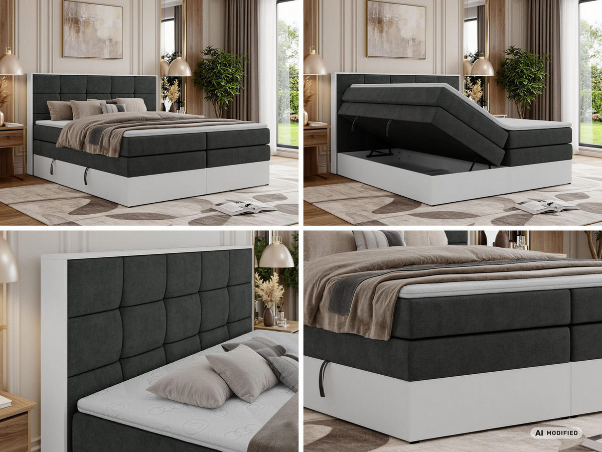BOXSPRINGBETT ALVIT KING 160/200 - Dunkelgrau Stukture - Topper T25 - H3 - Dunkelgrau/Schwarz, Kunststoff/Textil (160/200cm) - MKS