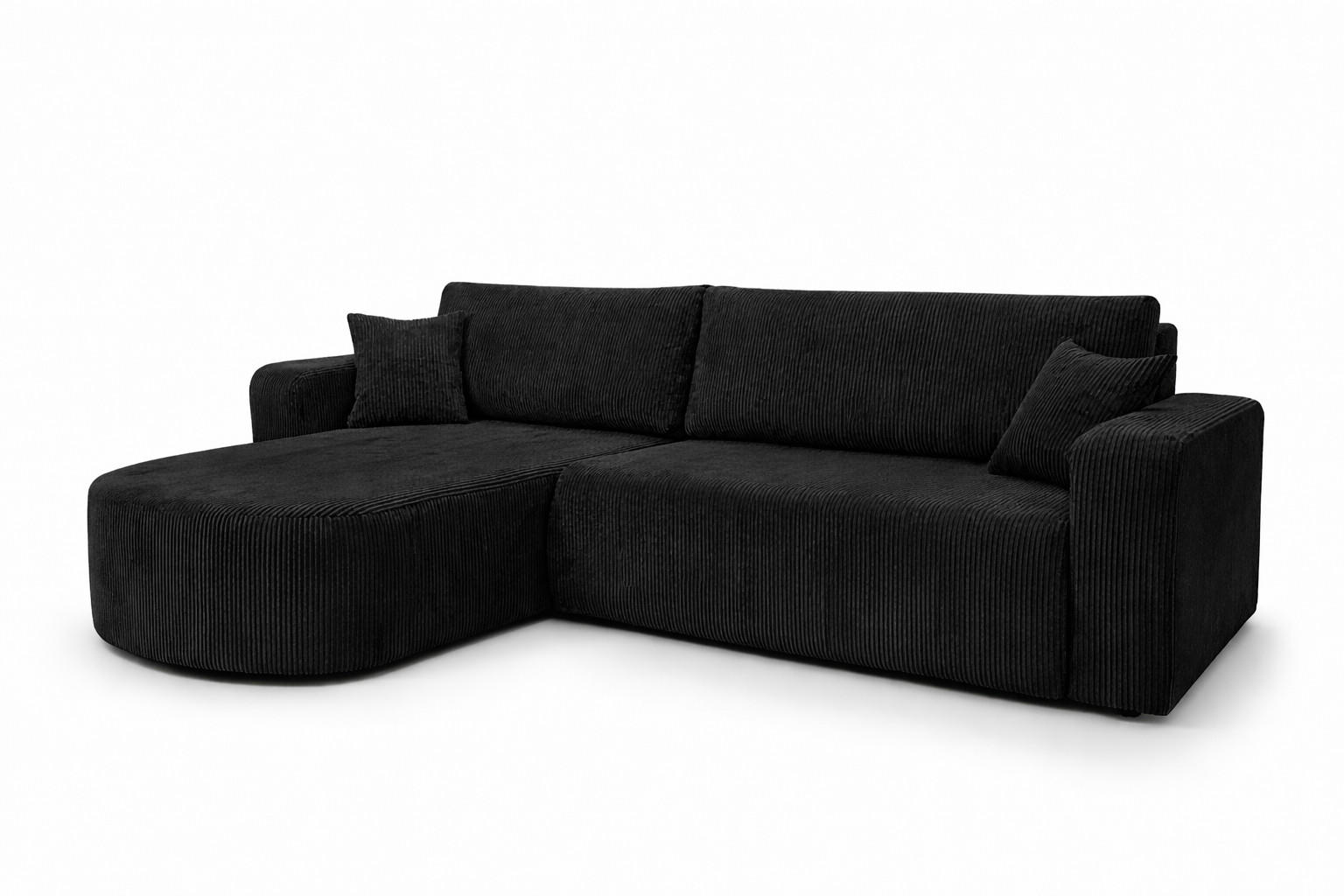 ECKSOFA Mit Schlaffunktion, Cordstoff Poso, Schwarz, Links, ROUND ONE XL - Schwarz, Holz (271/175cm) - Kaiser Möbel