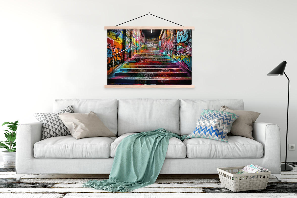 POSTER Treppe - Graffiti - Farben - Kunst 120x80 cm - Multicolor, Textil (120/80/0.15cm) - MuchoWow
