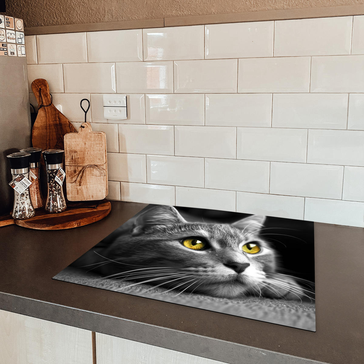 HERDABDECKPLATTE Katze - Grau - Tiere - Katze Abdeckung Ceranfeld 58.3x51.3 cm - Grau, Kunststoff (58.3/51.3/0.2cm) - MuchoWow