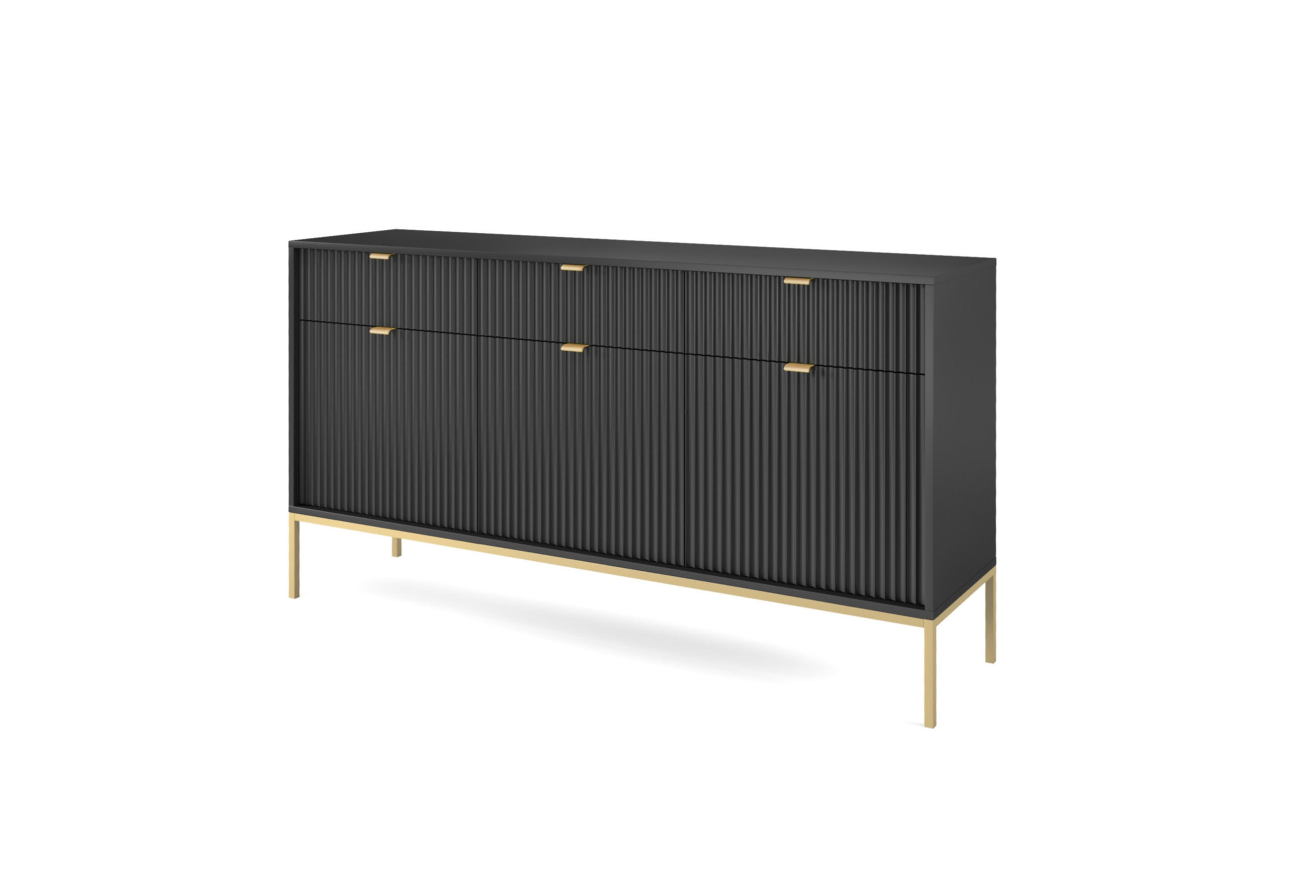 KOMMODE NOVA - KSZ154, Geriffelte Fronten, goldene Griffe 154x39x83 cm Schwarz - Goldfarben/Schwarz, Holzwerkstoff/Kunststoff (154/83/39cm) - DomoHome