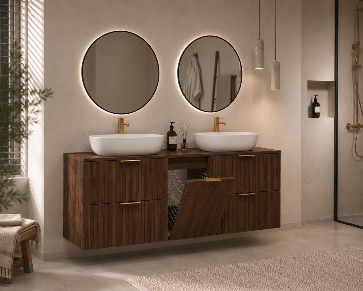BADMÖBEL-SET MIT WÄSCHEKORB: Eiche Nussbaum, Griffe Gold, 160 x 46 x 57 cm - Eichefarben/Goldfarben, Holzwerkstoff (160/57/46cm) - 3XE LIVING