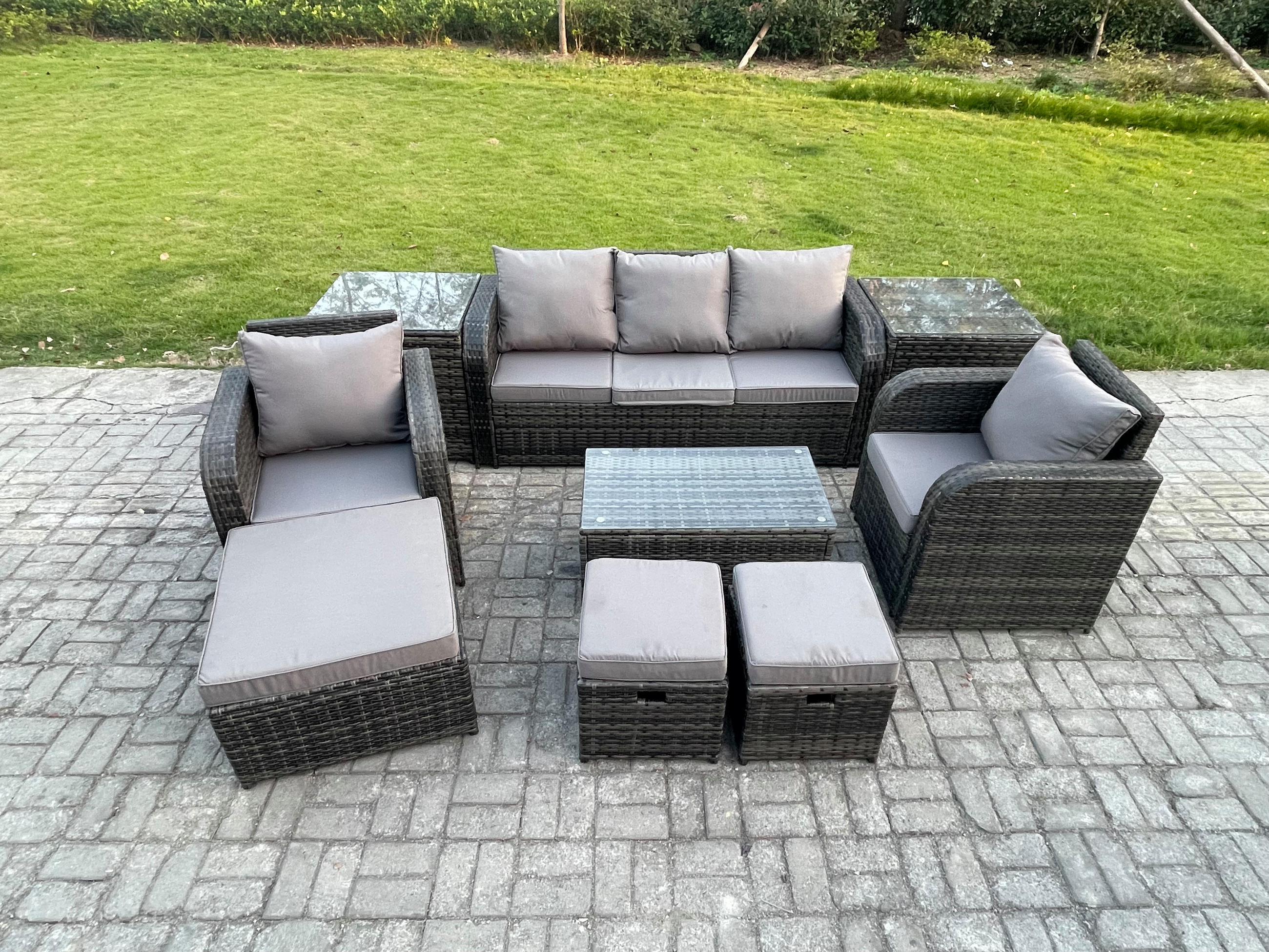 GARTENMÖBELSET mit Couchtisch Polyrattan 8-Sitzer - Dunkelgrau/Grau, Glas/Kunststoff - Fimous