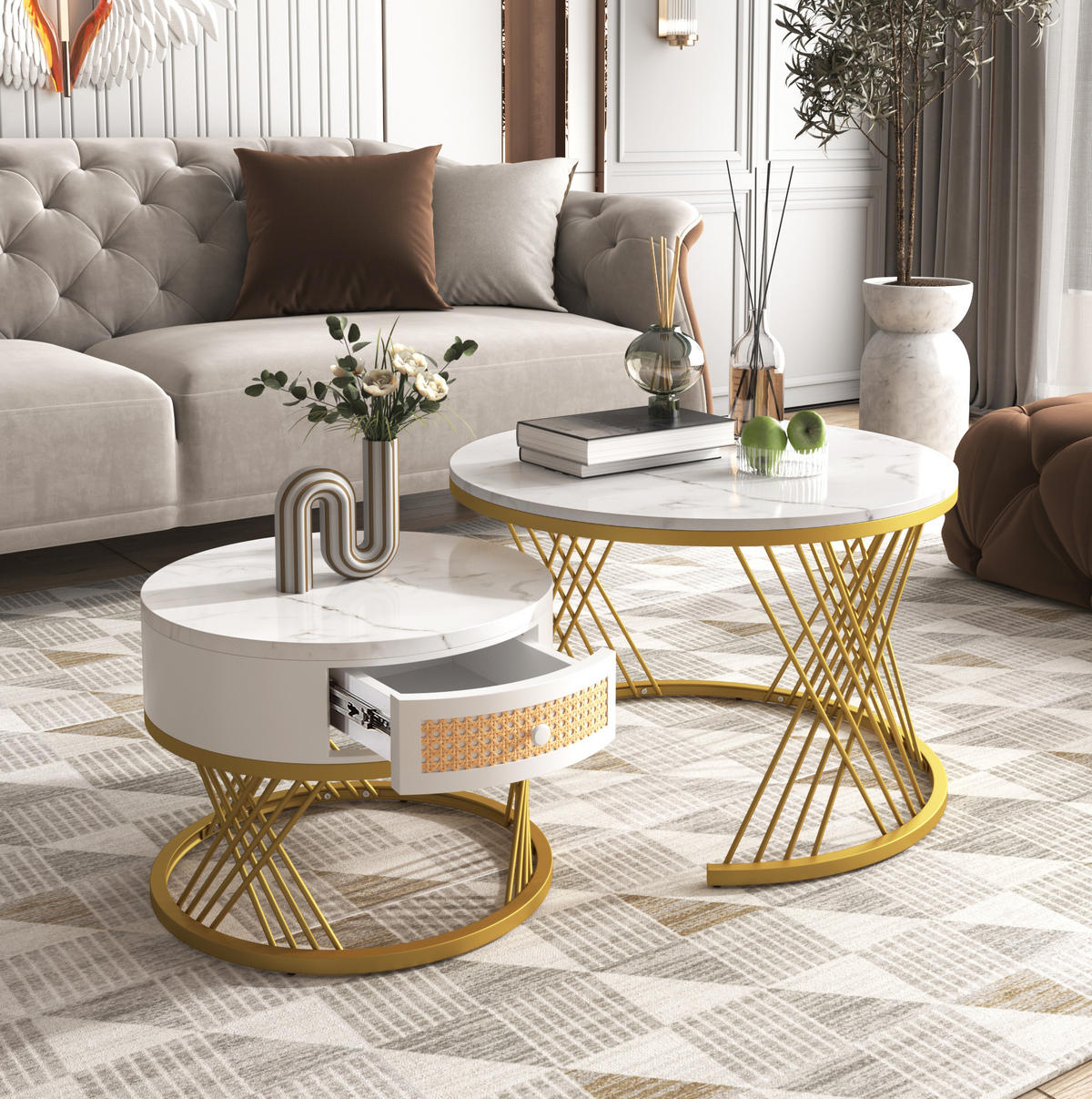 COUCHTISCH 2er-Set rund 70/50 cm MDF Weiß Gold - Weiß, Metall (70/70/45.5cm) - Meubliv