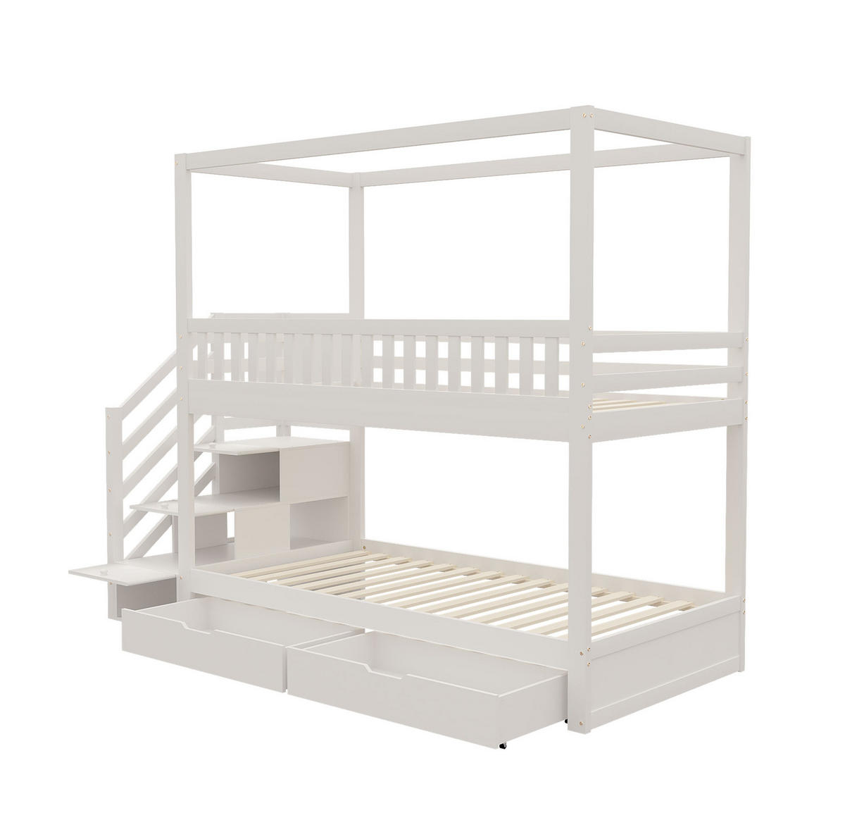 ETAGENBETT 90/200 cm mit Sicherheitsleiter, Schubladen und Hausform, Weiß - Weiß, Holzwerkstoff (90/200cm) - Redom