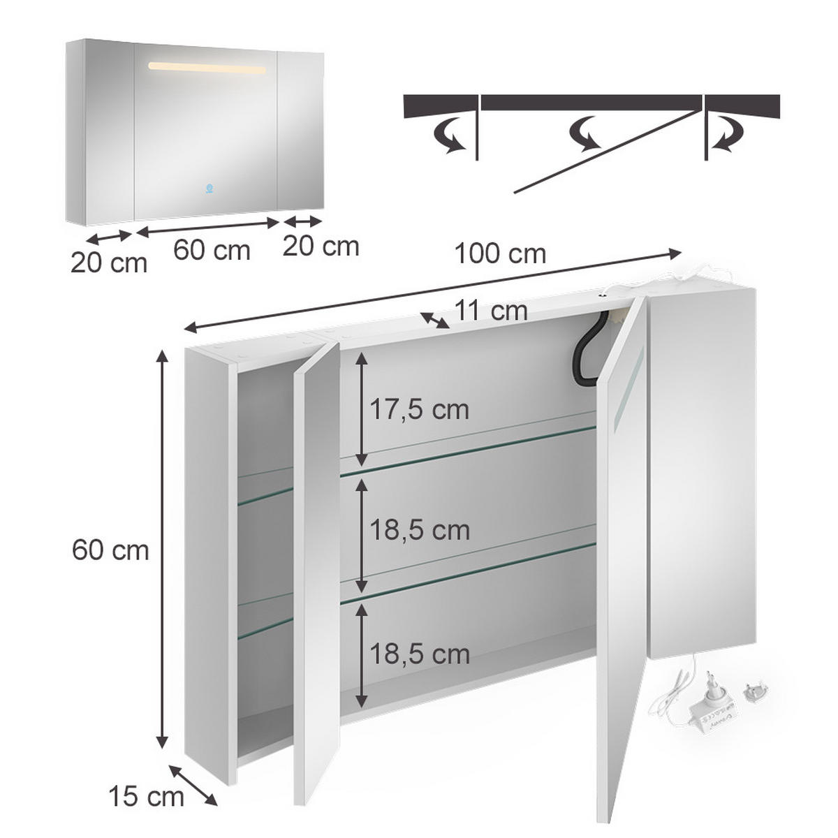 KOPALNIŠKA OMARICA Z OGLEDALOM Curved, Bela, 100 x 60 cm - bela, leseni material (100/60/15cm) - Vicco