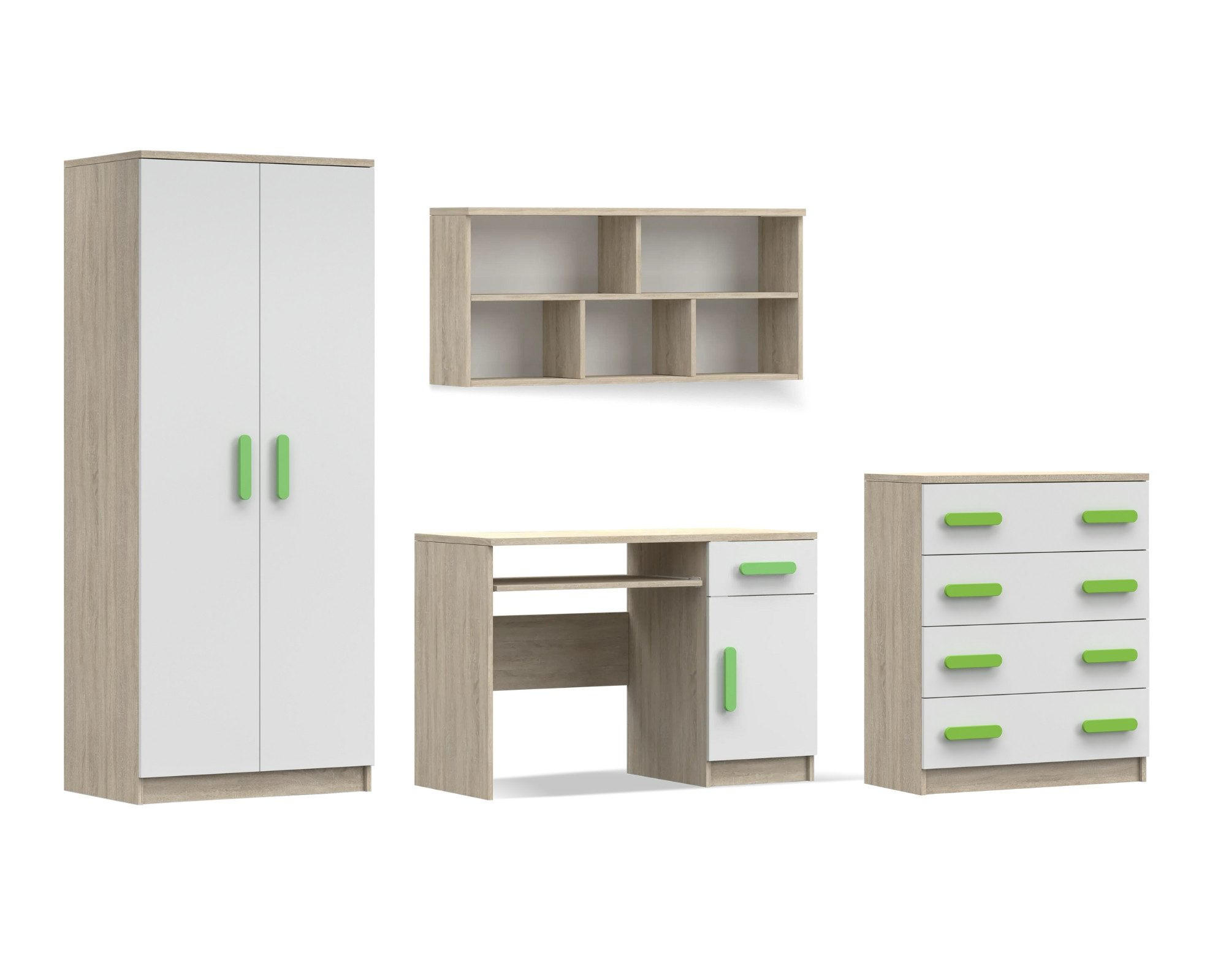 KINDERZIMMER-SET INGE III 4-teilig Weiß+Sonoma/Grün - Weiß/Sonoma Eiche, Holzwerkstoff (270/193/50cm) - Deine Möbel 24