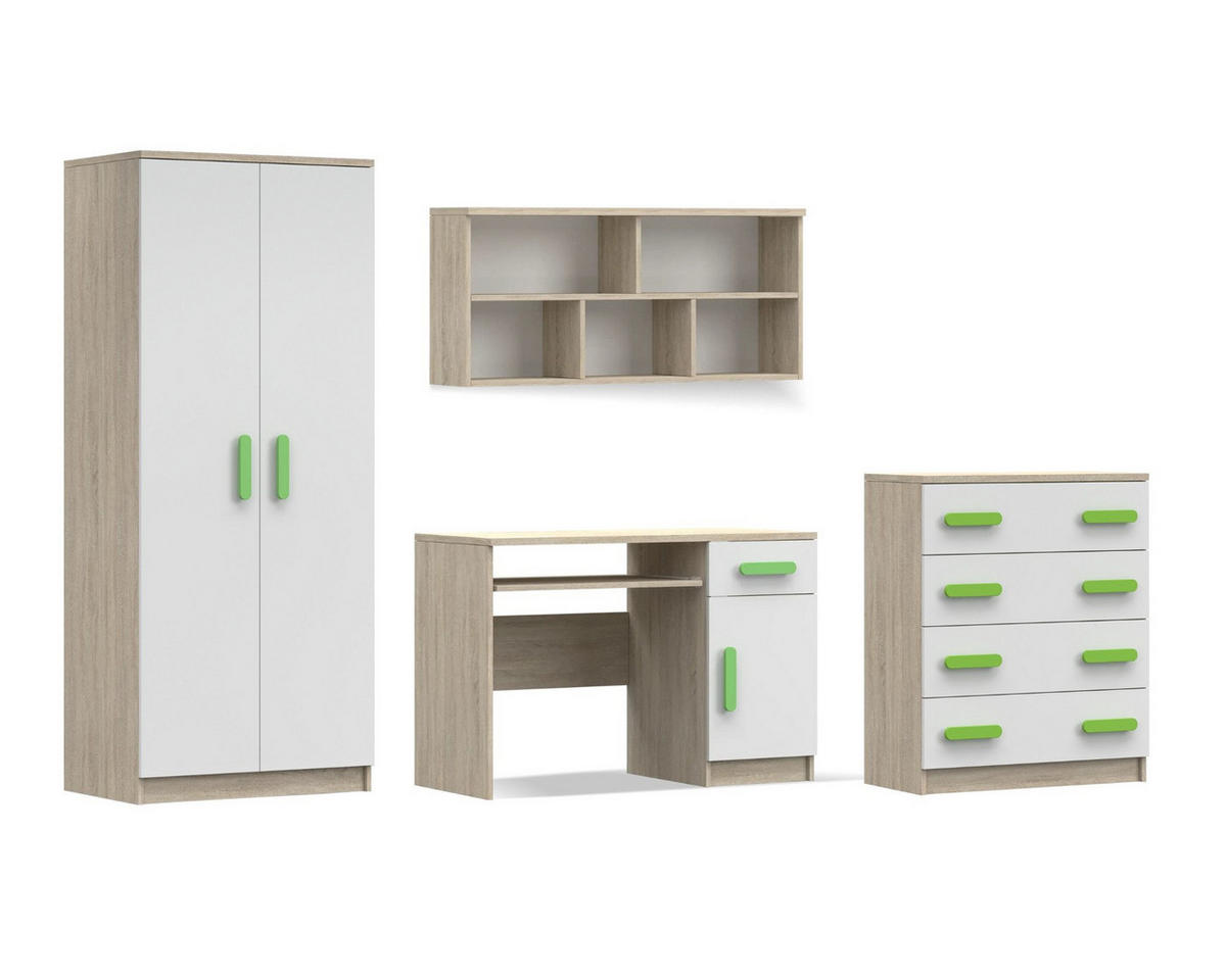 KINDERZIMMER-SET INGE III 4-teilig Weiß+Sonoma/Grün - Weiß/Sonoma Eiche, Holzwerkstoff (270/193/50cm) - Deine Möbel 24