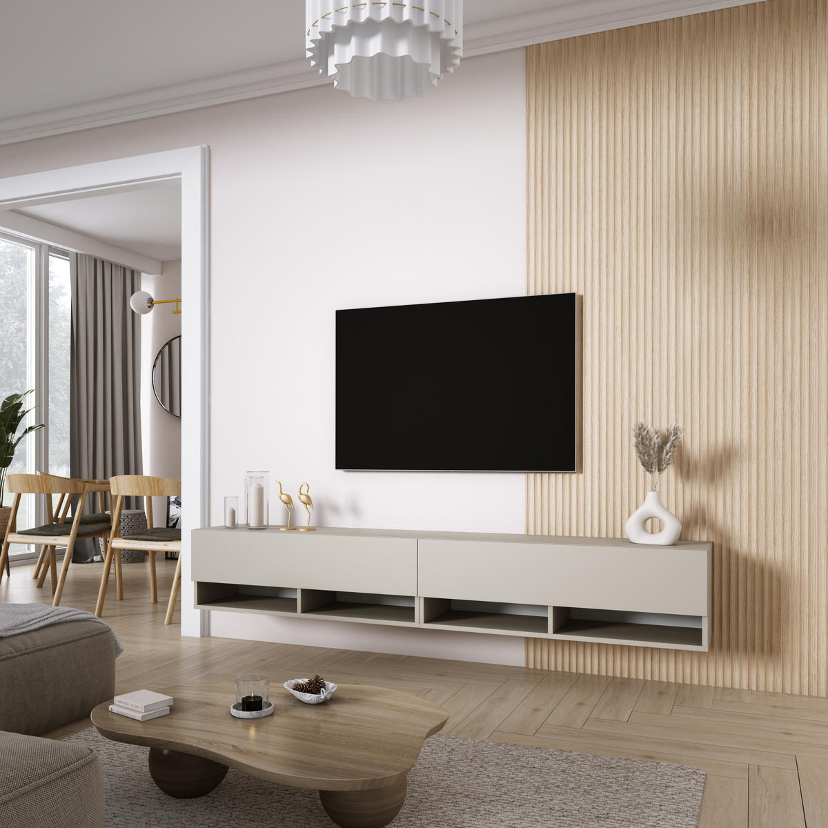 TV-LOWBOARD 200 (2 x 100) cm Kaschmir, 200 × 32 × 34 cm - Beige, Holzwerkstoff (200/33.6/32cm) - 3XE LIVING
