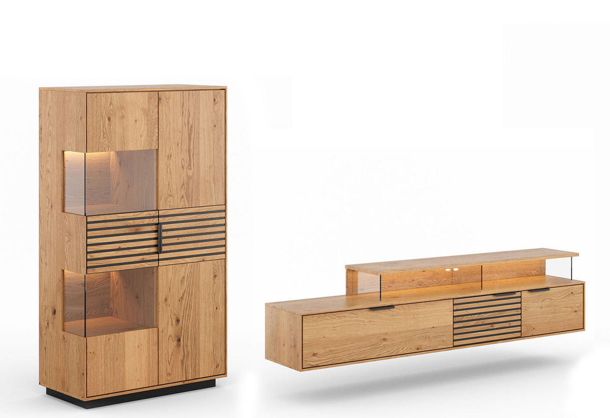 WOHNWAND Tirano 2er-Set Eiche Natur / Lamellen schwarz - Eichefarben/Multicolor, Holz/Metall (283/147/39cm) - Feldmann-Wohnen