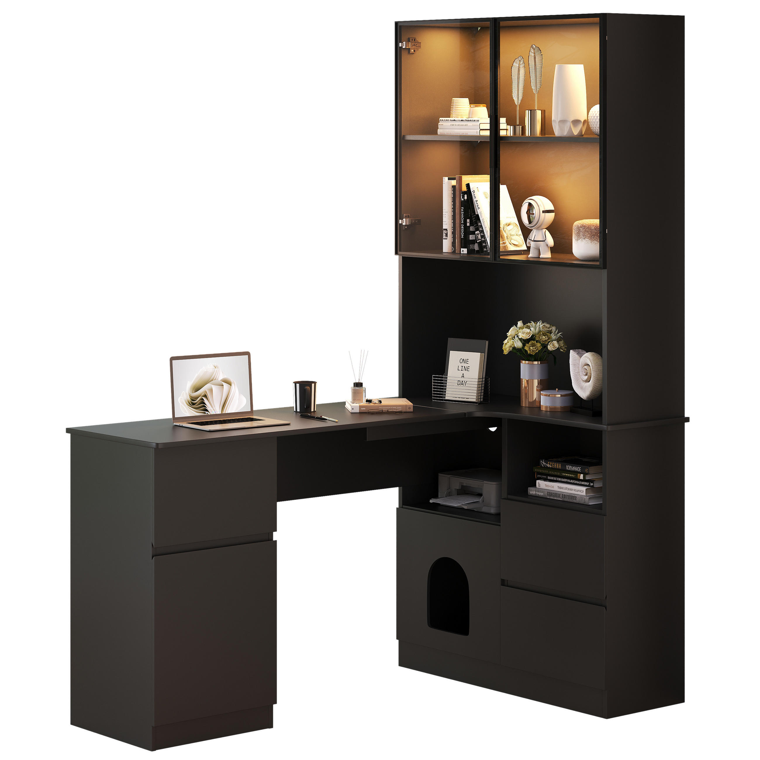 SCHREIBTISCH in Schwarz Eckschreibtisch mit Regal und LED-Vitrine für Wohnzimmer und Schlafzimmer, B120/T80/H180 cm - Transparent/Schwarz, Holzwerkstoff (80/120/180cm) - STILVORA