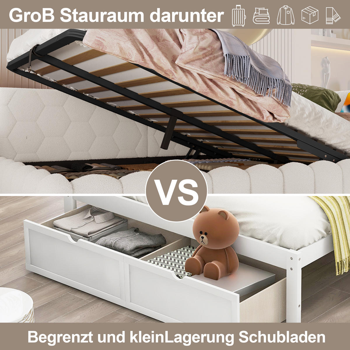 TAGEBETT 140x200cm Weiß Vliesimitat LED-Licht Hydraulik USB-C - Weiß, Holz (140/200cm) - FLIEKS