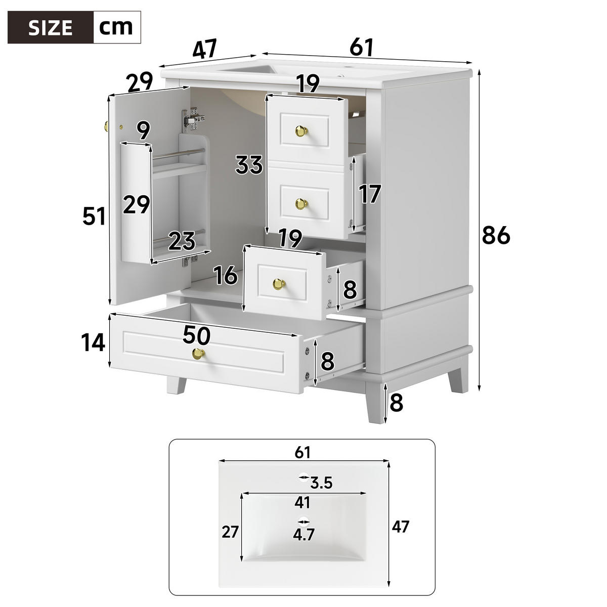 BADEZIMMERSCHRANK Weiß Lackiert 3 Schubladen Tür Stauraum 61cm - Weiß, Keramik (61/86/47cm) - FLIEKS