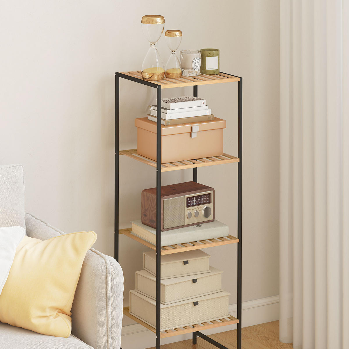 STANDREGAL mit 4 Ablagen aus Bambus und Stahl - Schwarz/Naturfarben, Metall (33/110/36.5cm) - HOMCOM