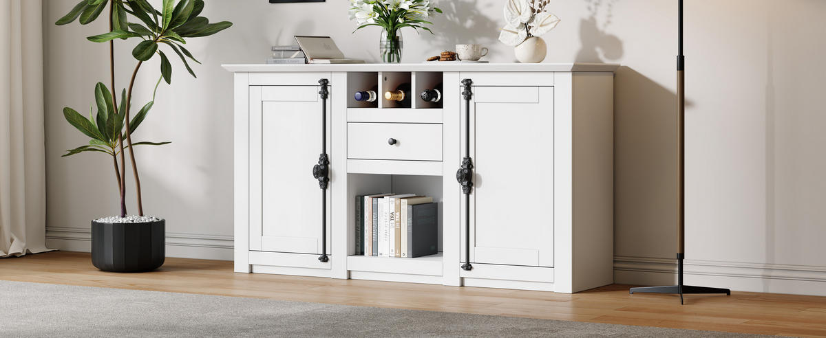 SIDEBOARD 130/35/70 cm, Weiß mit 2 Türen, 1 Schublade und 3 Weinfächern, Weiß - Weiß, Holzwerkstoff (130/70/35cm) - Redom