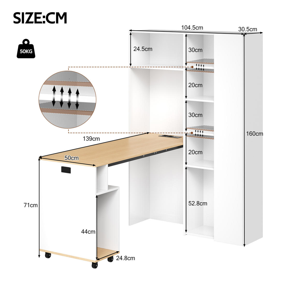 SCHREIBTISCH klappbar mit Regal 104,5 x 30,5 x 160 cm MDF White Oak - Weiß, Holz (104.5/30.5/160cm) - Meubliv
