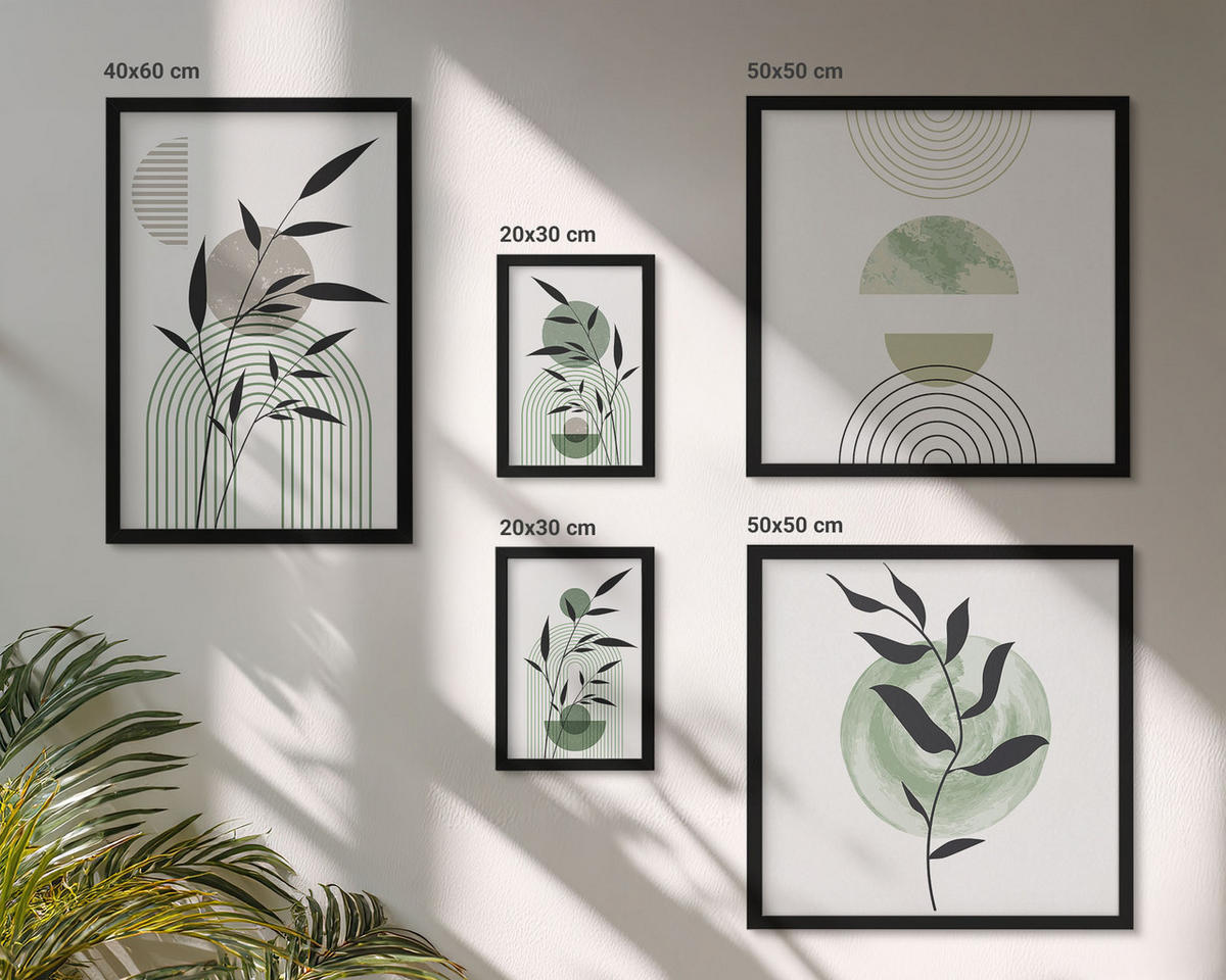 BILDER SET 5er Set - 50x50 cm & 20x30 cm & 40x60 cm Schwarzer Rahmen - Boho-Pflanzenkompositionen - Schwarz, Kunststoff (40/60cm) - TULUP