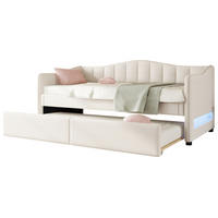 TAGESBETT 90/200 cm mit ausziehbarem Rollbett und LED-Beleuchtung, Leinenbezug, Beige - Beige, Textil (90/200cm) - Redom
