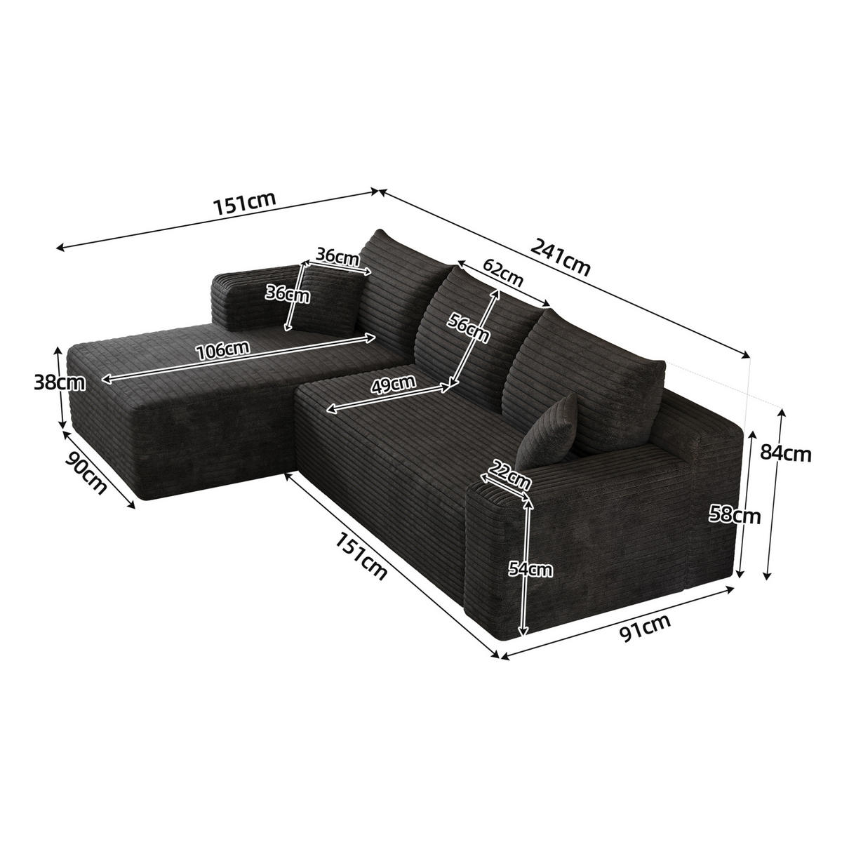 ECKSOFA 241/151/58 cm schwarz aus Stoff mit Chaiselongue ohne Montage - Schwarz, Textil (151/241cm) - OKWISH